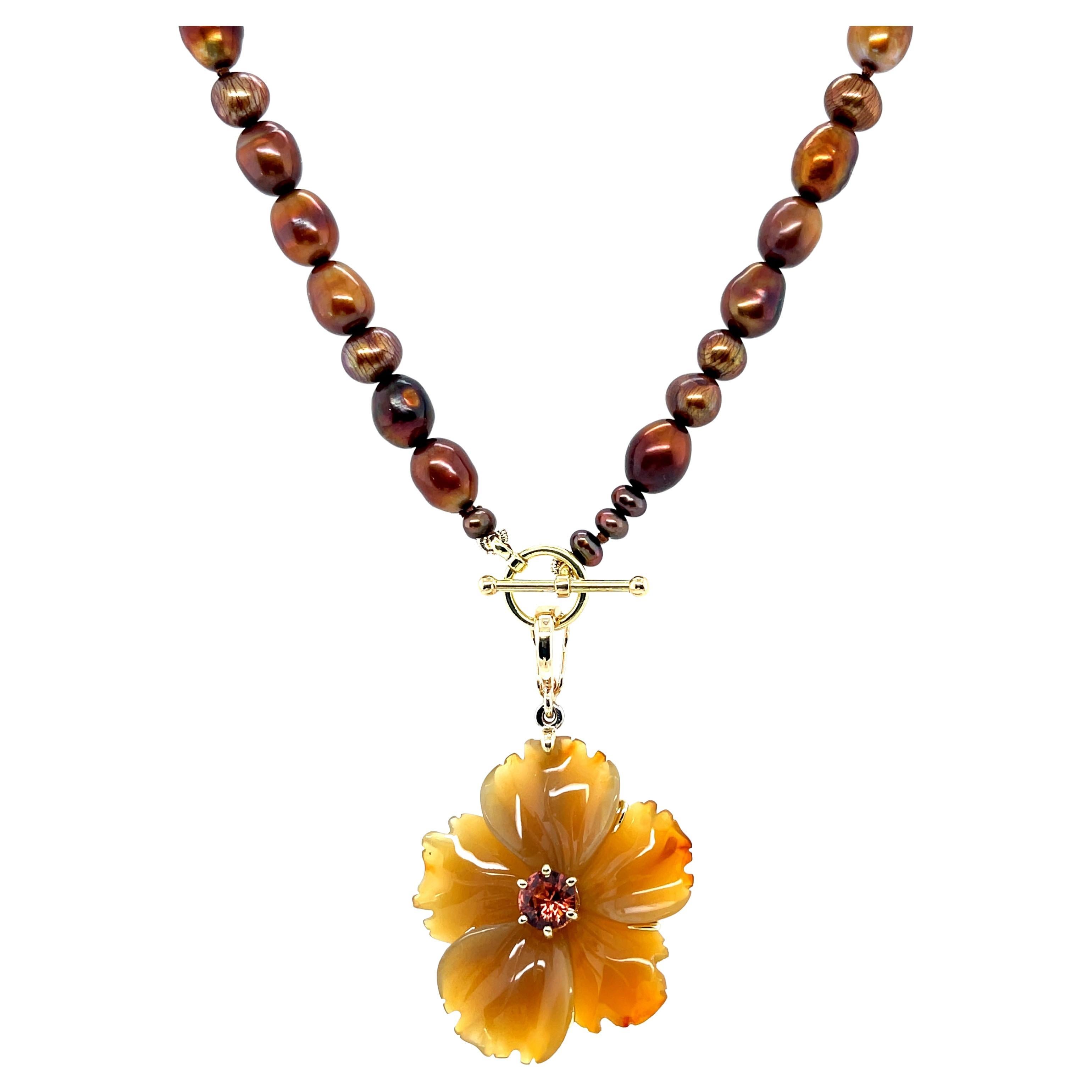 Hand Carved Agate Flower Enhancer and Coffee Colored Freshwater Pearl Necklace  For Sale