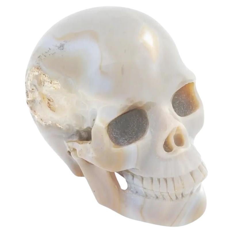 Hand Carved Agate Human Skull Figurine For Sale