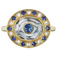 Hand Carved Agate, Yellow Gold, Sapphire and Diamond Locket Ring