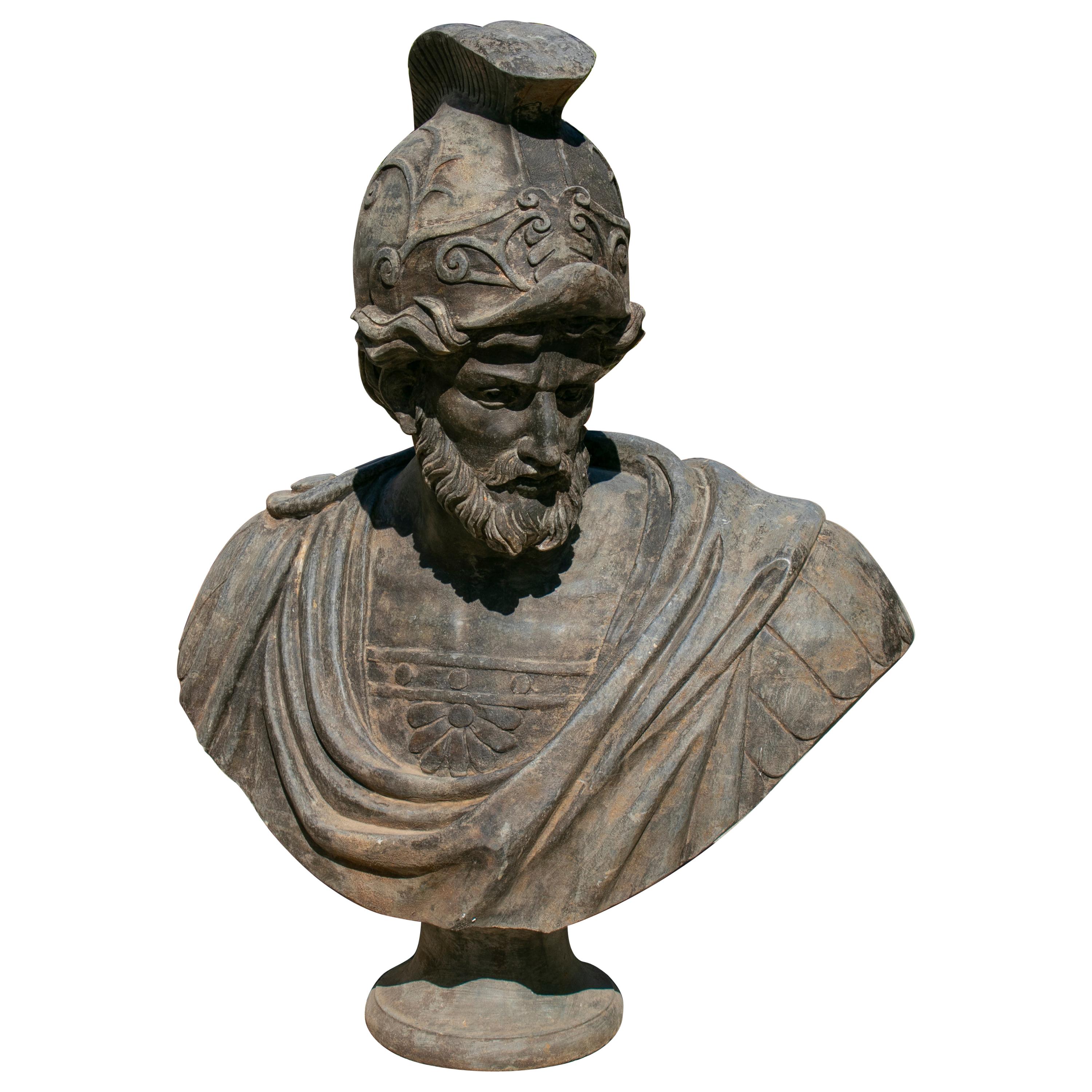 Hand Carved Aged Marble Bust of Roman General with Helmet and Toga