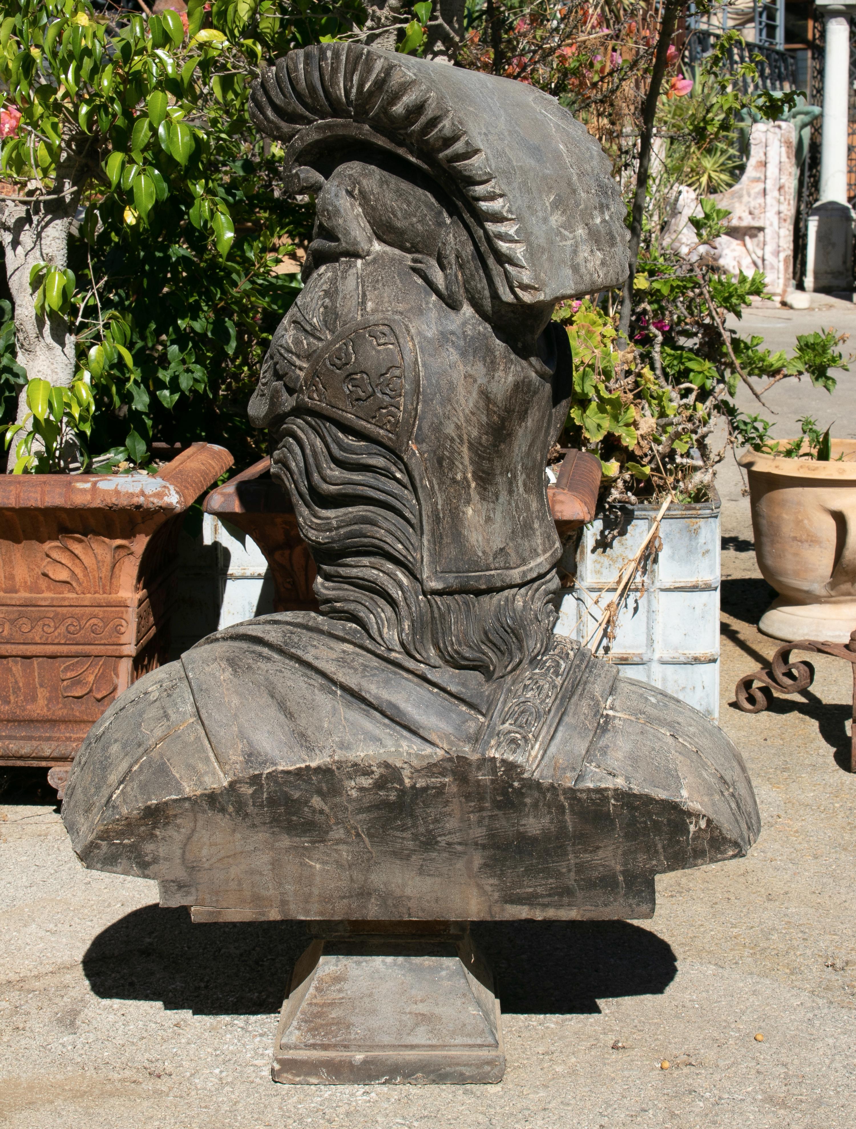 Hand Carved Aged Marble Bust of Woman with Helmet and Toga In Good Condition In Marbella, ES