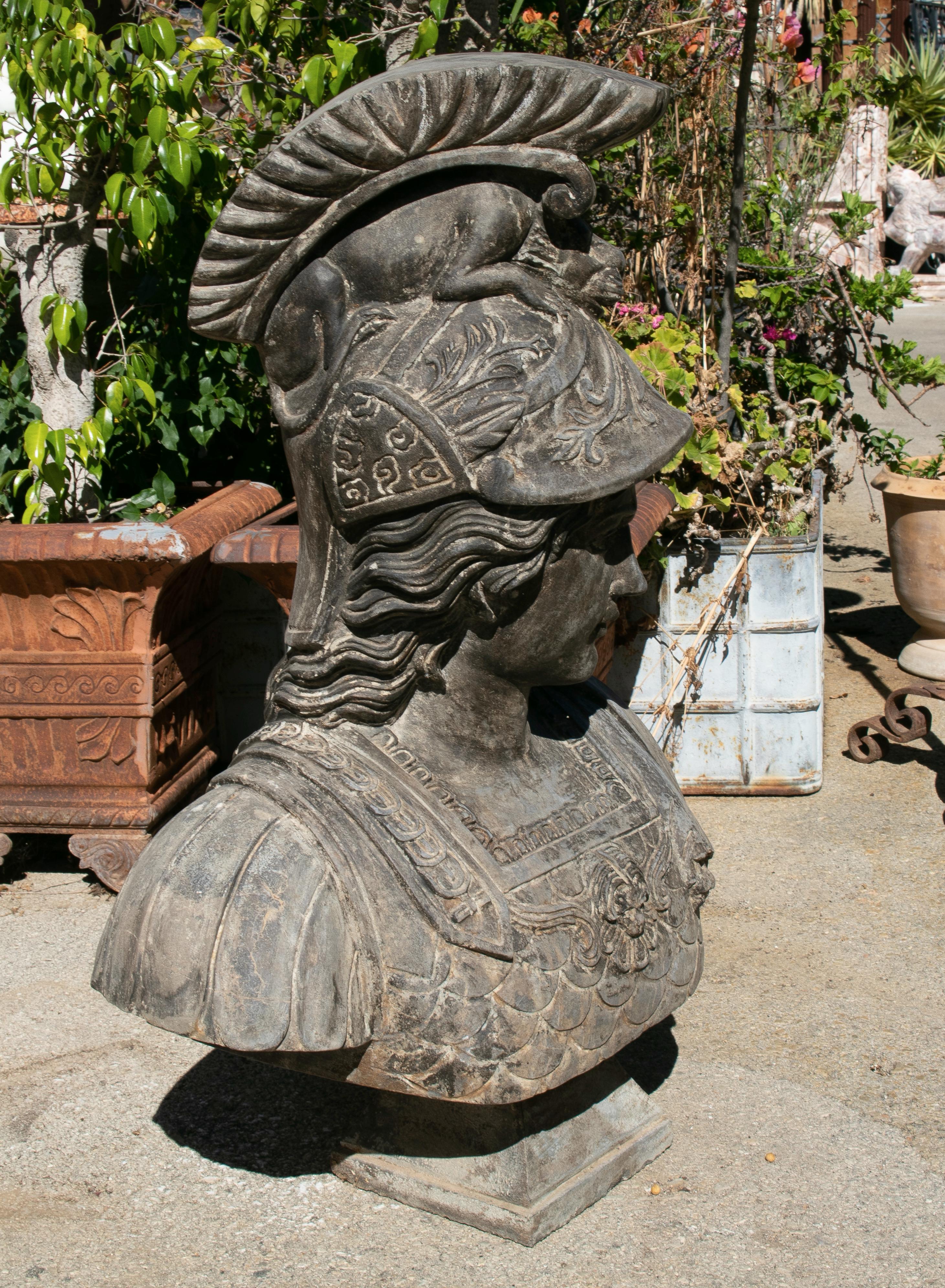 Hand Carved Aged Marble Bust of Woman with Helmet and Toga 1