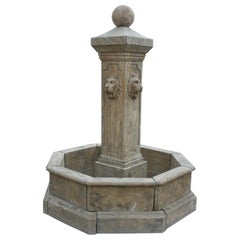 Hand Carved Aged Marble Fountain with Pool and Four Lion Heads