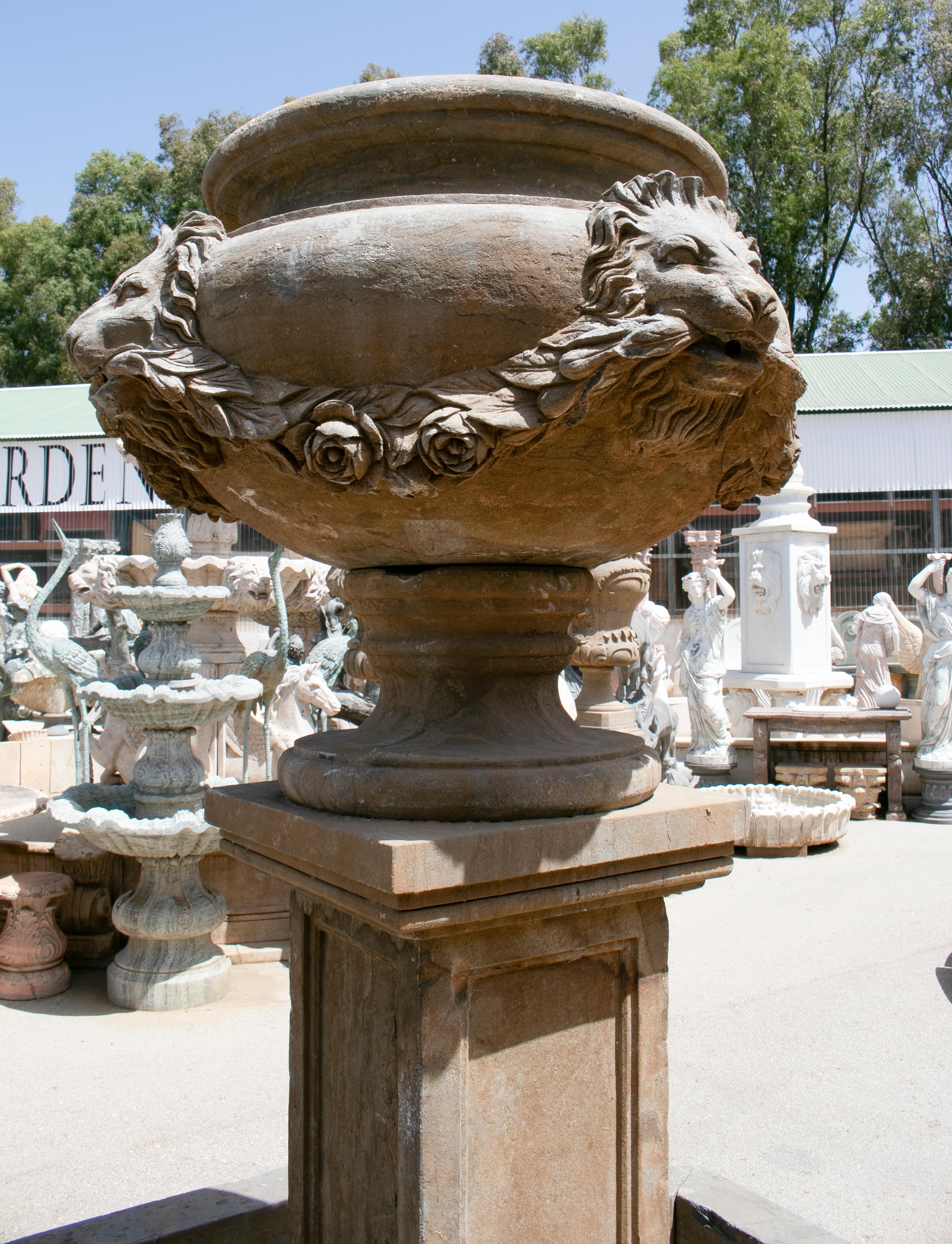 European Hand Carved Aged Marble Fountain with Pool Topped with Ornamental Planter Urn