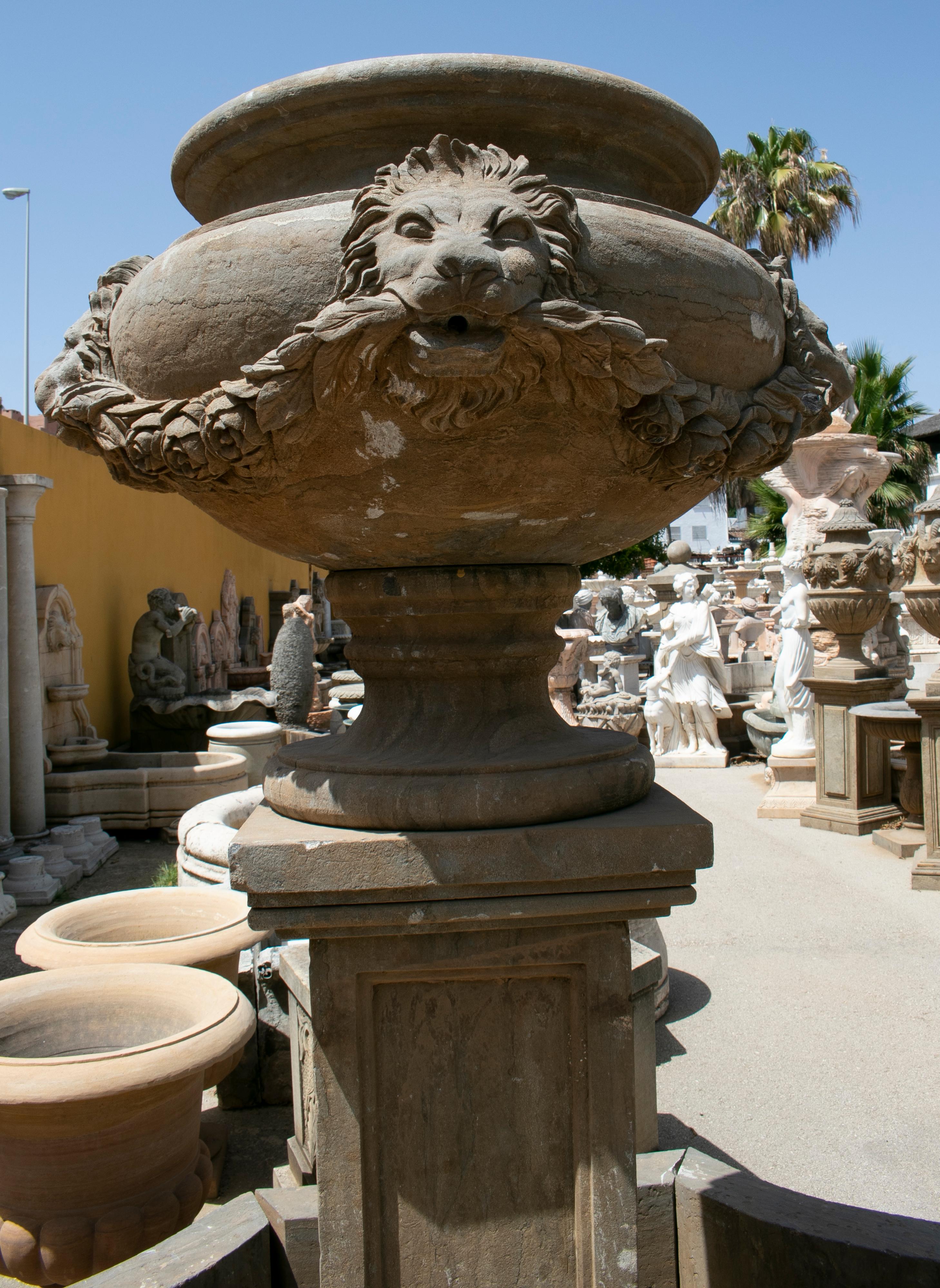 Hand Carved Aged Marble Fountain with Pool Topped with Ornamental Planter Urn 1