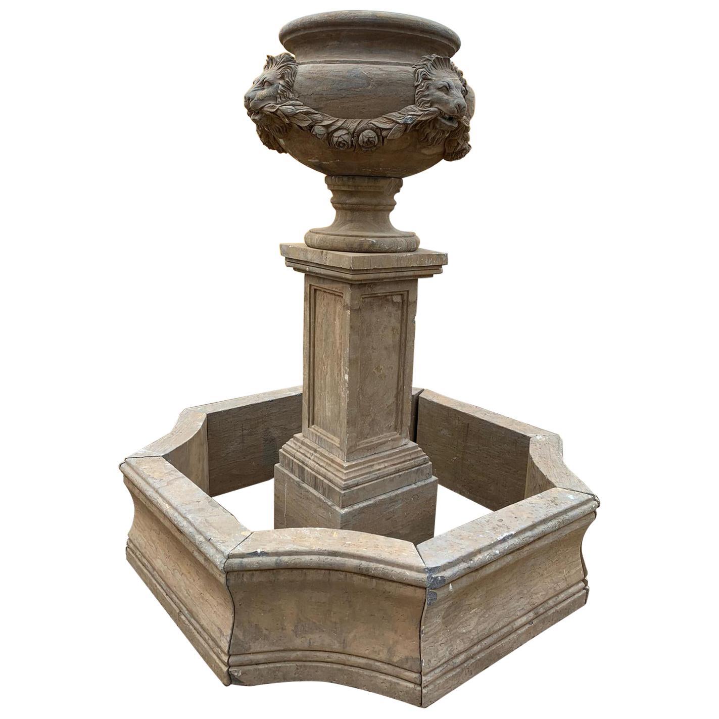 Hand Carved Aged Marble Fountain with Pool Topped with Ornamental Planter Urn