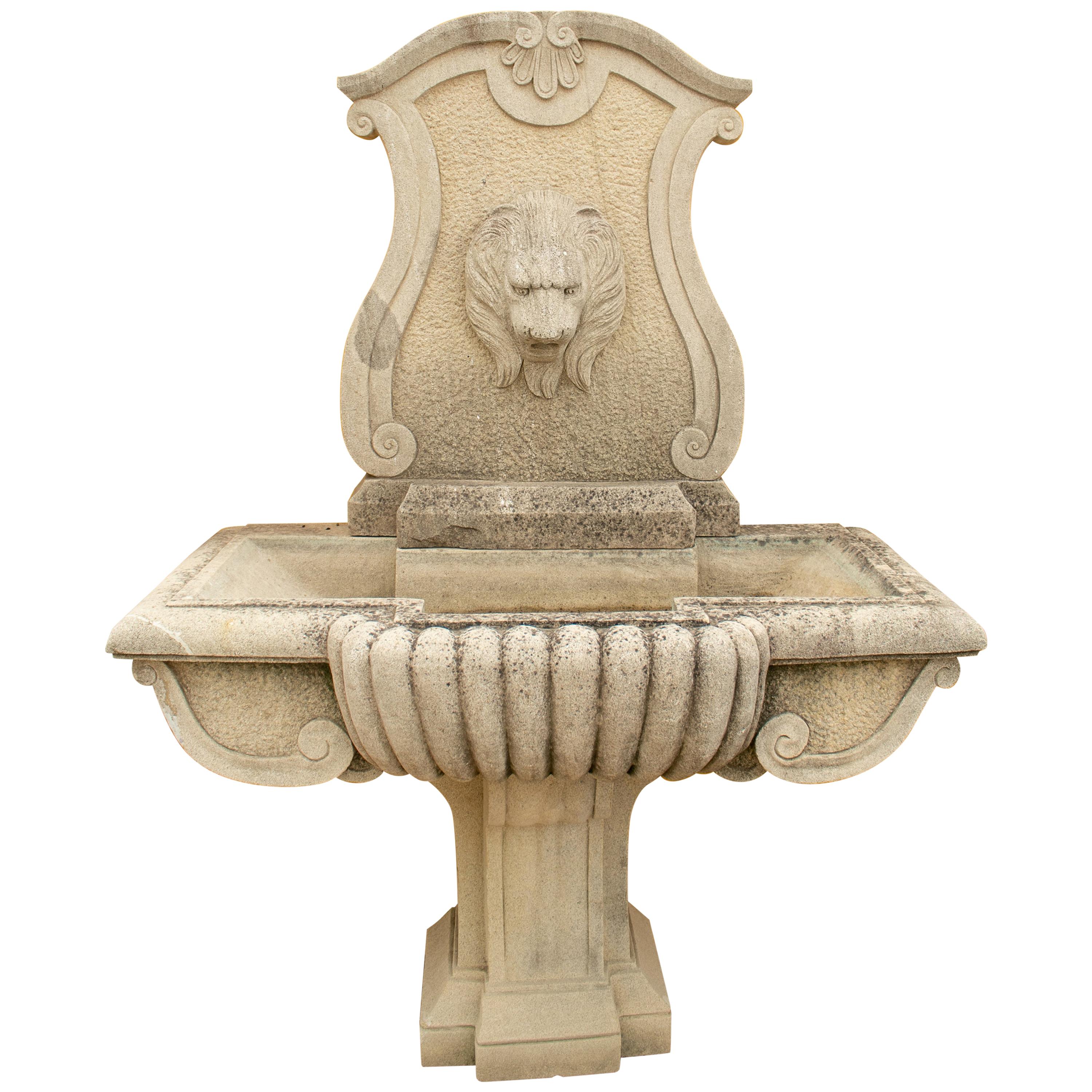 Hand Carved Aged Stone Wall Fountain with Lion Head