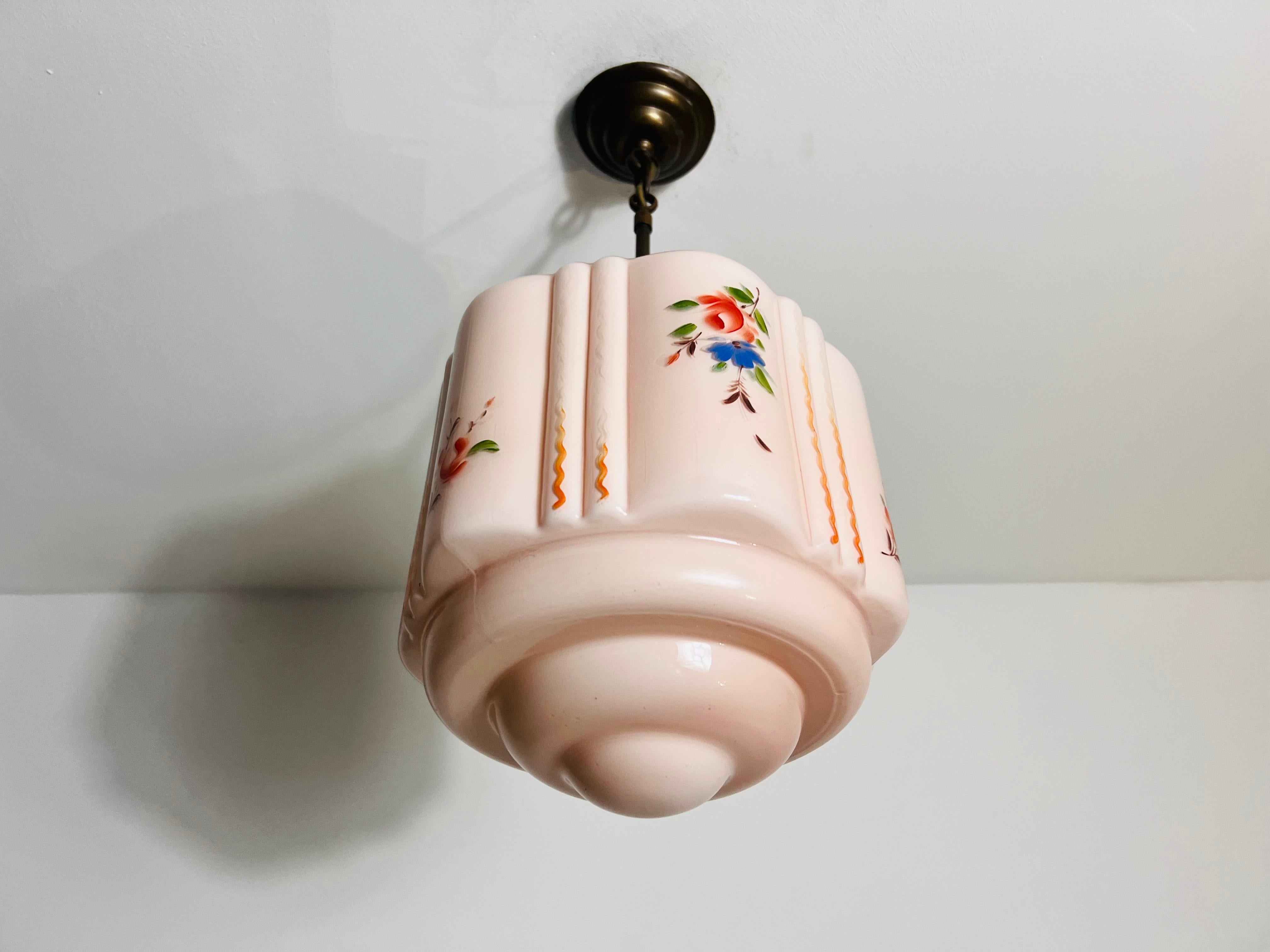 Mid-Century Modern Hand Carved Glass and Brass Ceiling Lamp, 1930s, Germany For Sale