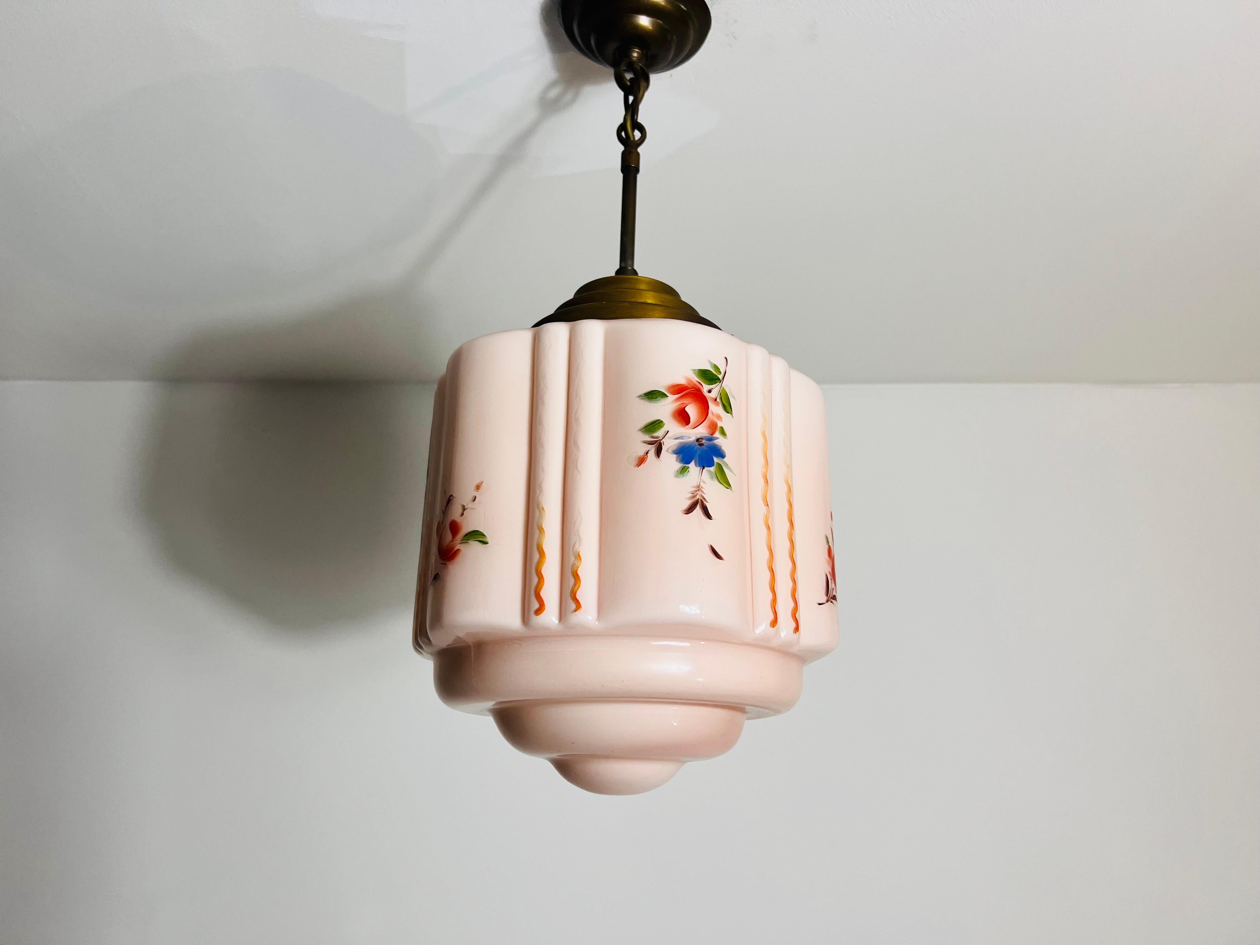 Hand Carved Glass and Brass Ceiling Lamp, 1930s, Germany In Good Condition For Sale In Hagenbach, DE