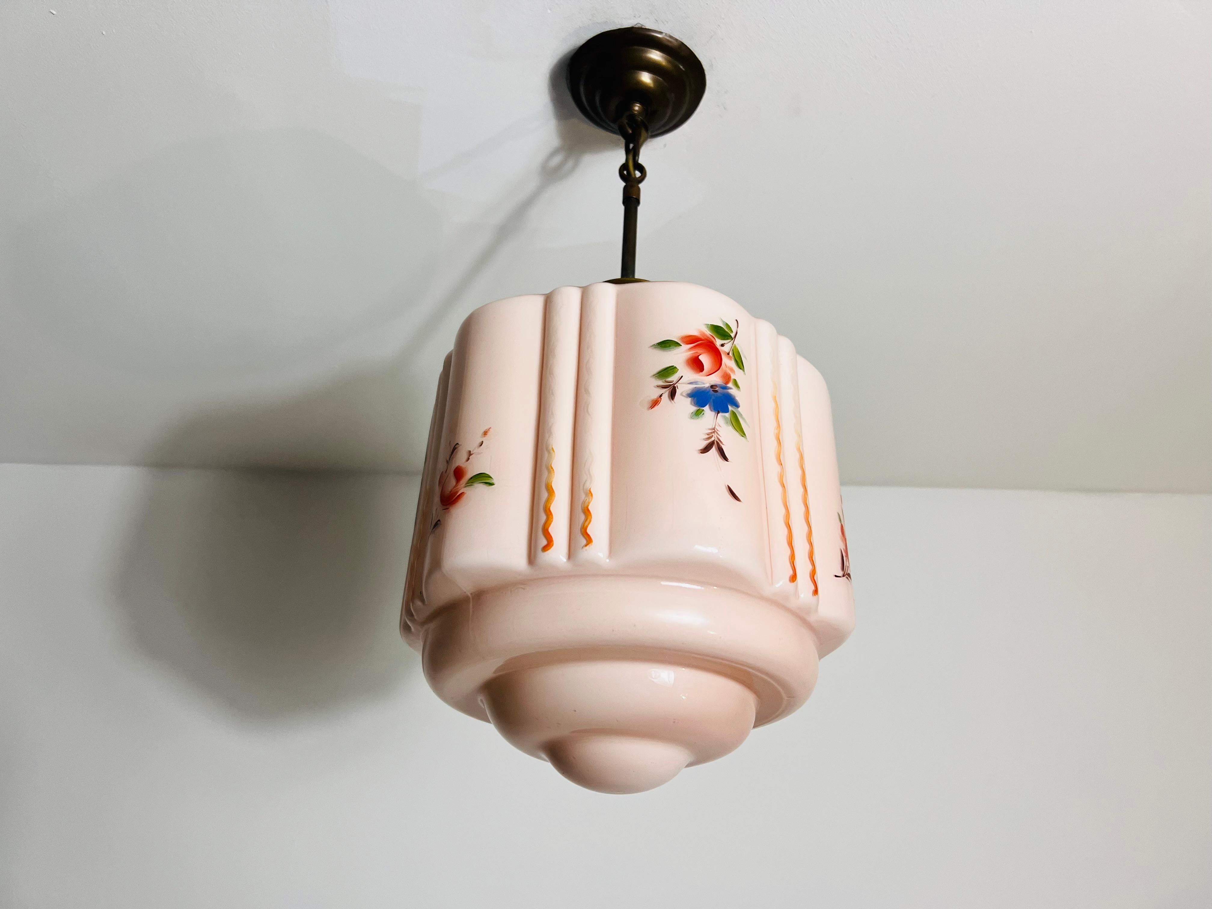 Mid-20th Century Hand Carved Glass and Brass Ceiling Lamp, 1930s, Germany For Sale