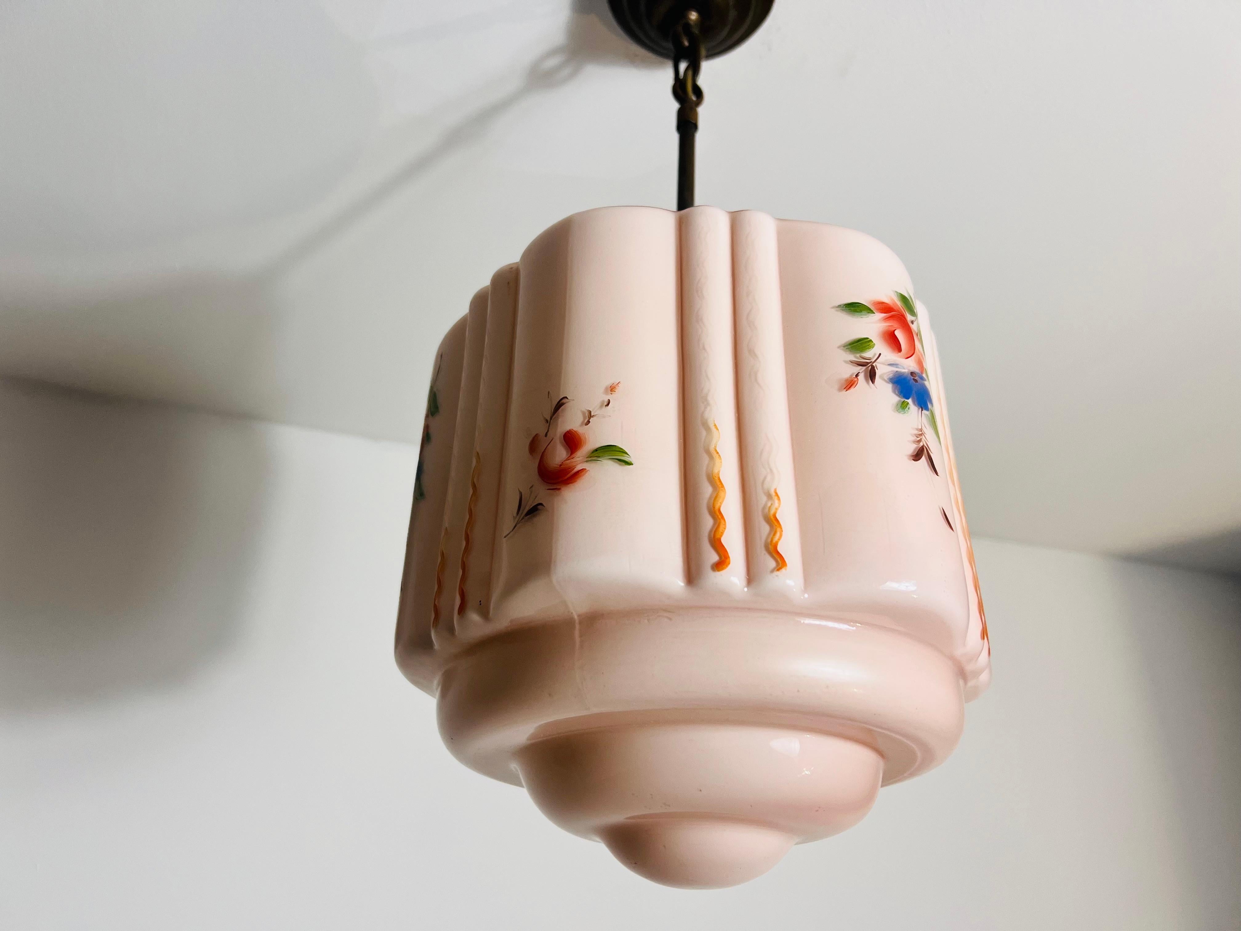 Hand Carved Glass and Brass Ceiling Lamp, 1930s, Germany For Sale 1
