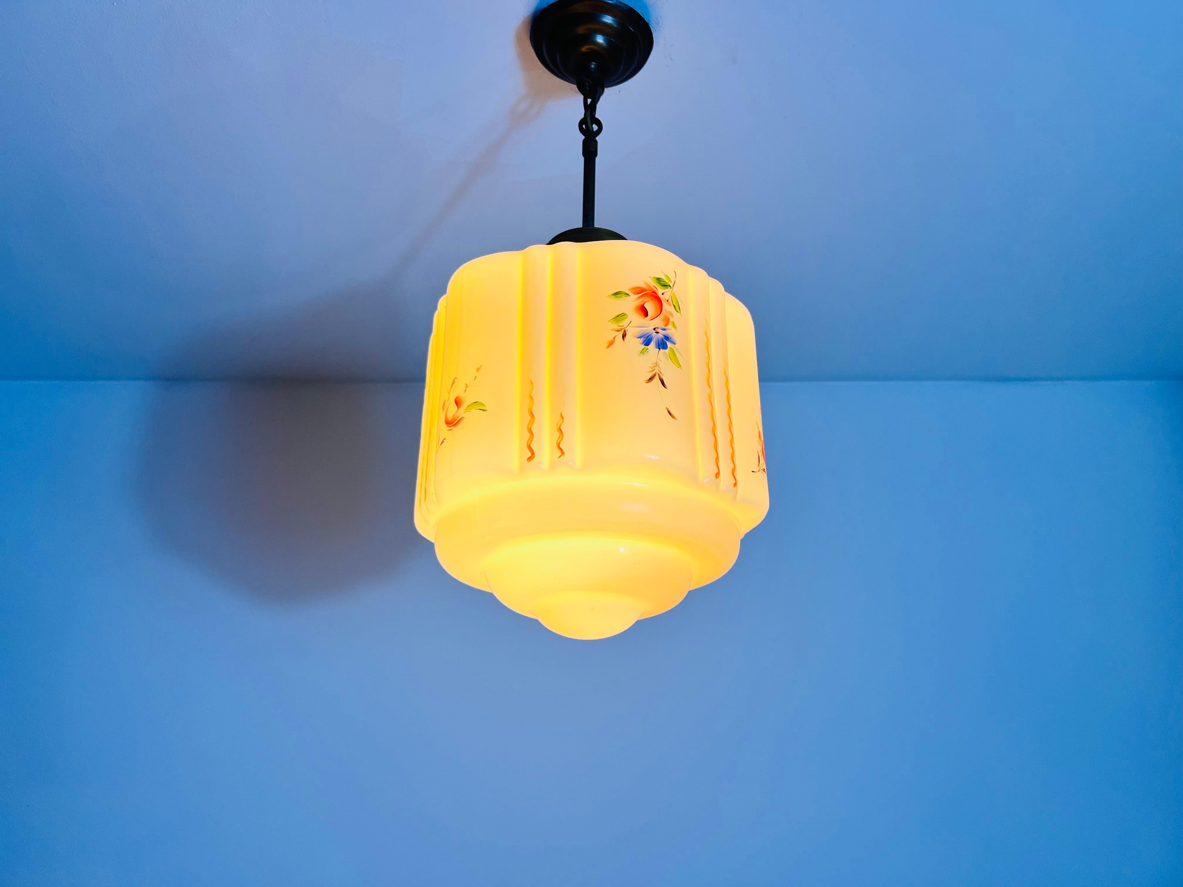 Hand Carved Glass and Brass Ceiling Lamp, 1930s, Germany For Sale 3