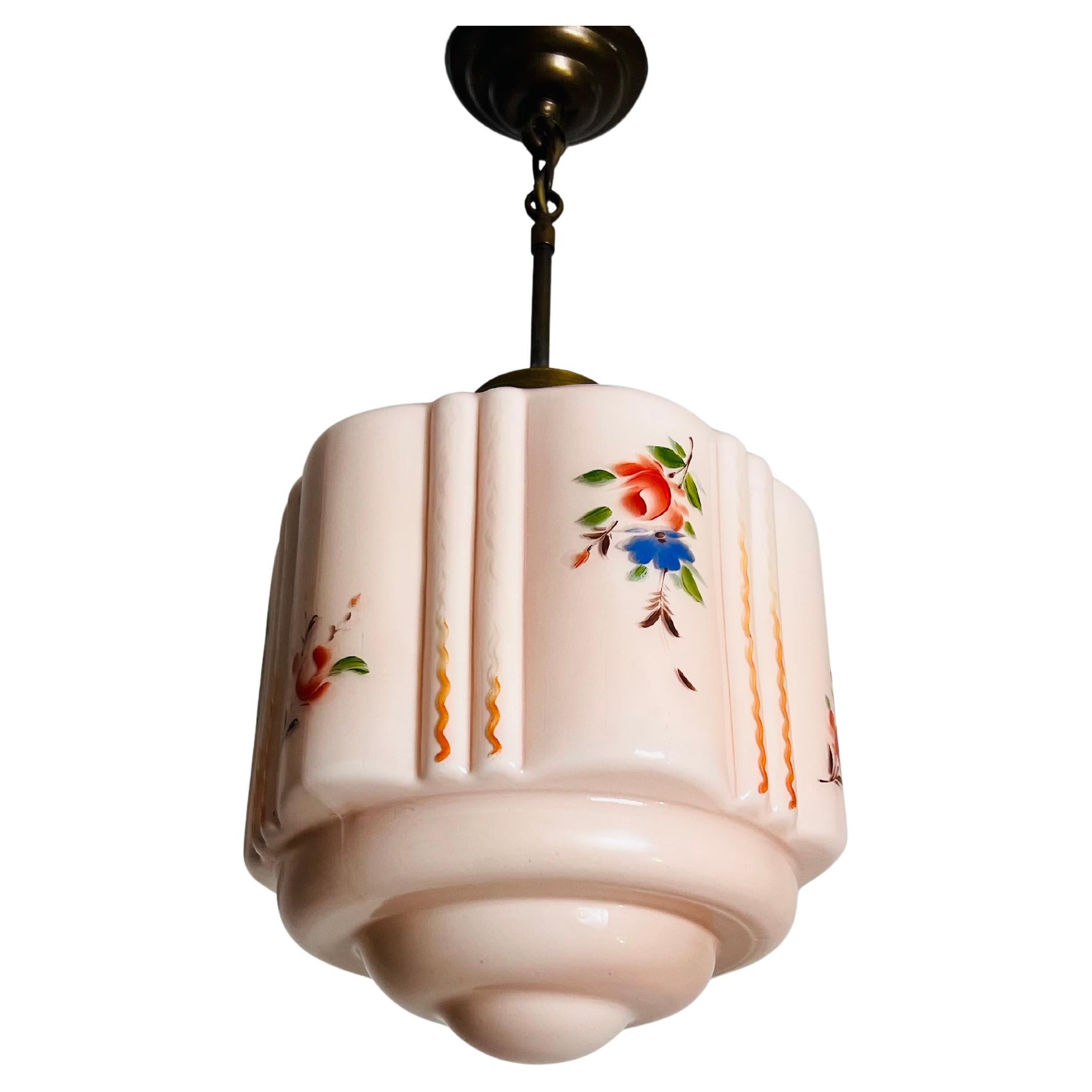 Hand Carved Glass and Brass Ceiling Lamp, 1930s, Germany For Sale