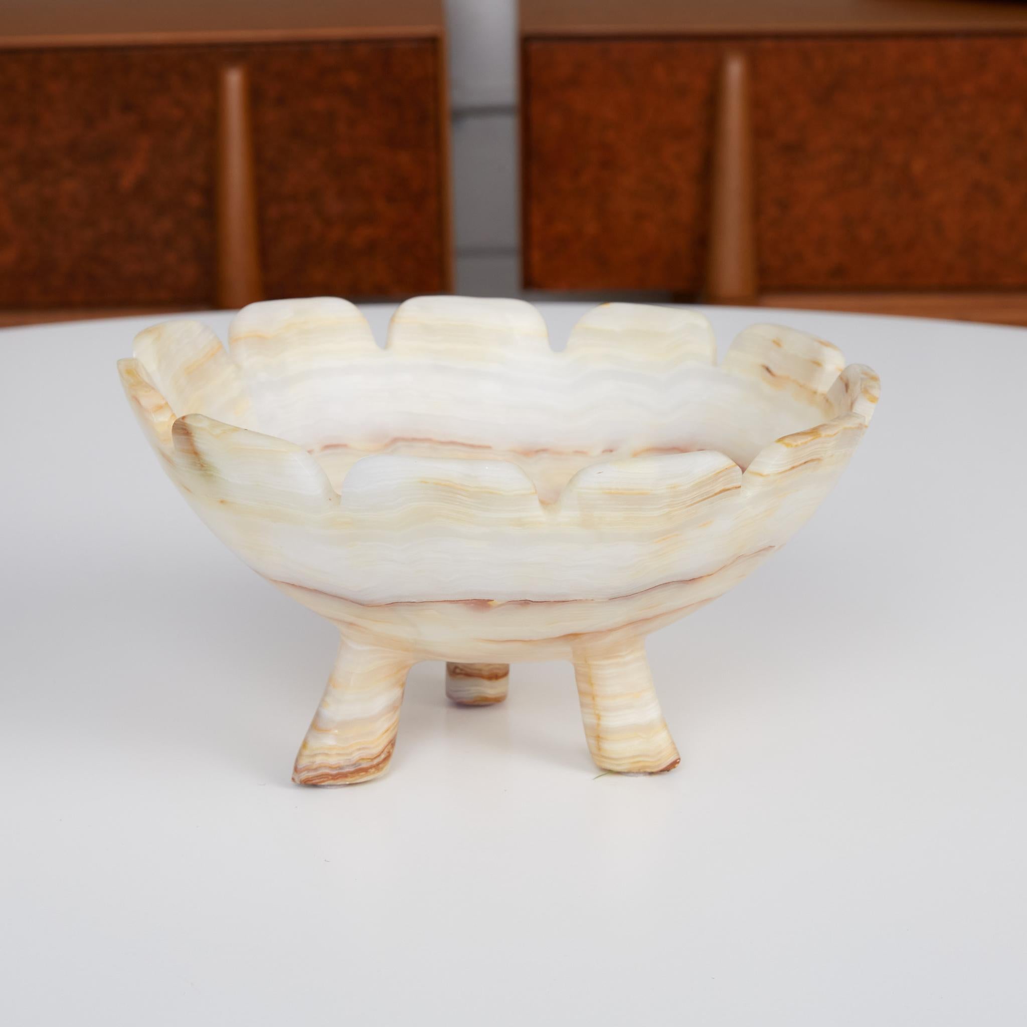 Mid-Century Modern Hand Carved Alabaster Bowl with Tripod Legs