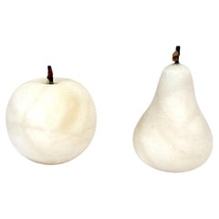 Hand-Carved Alabaster Fruit Sculptures Pear and Apple Collectible 1980s