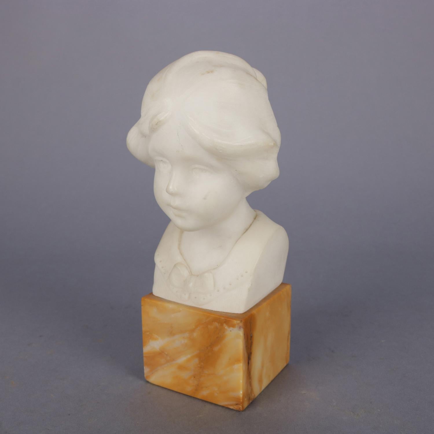 Hand-carved alabaster portrait sculpture of young girl, en verso signed Greiwer, seated on marble Stand, circa 1900.

Measures: 8