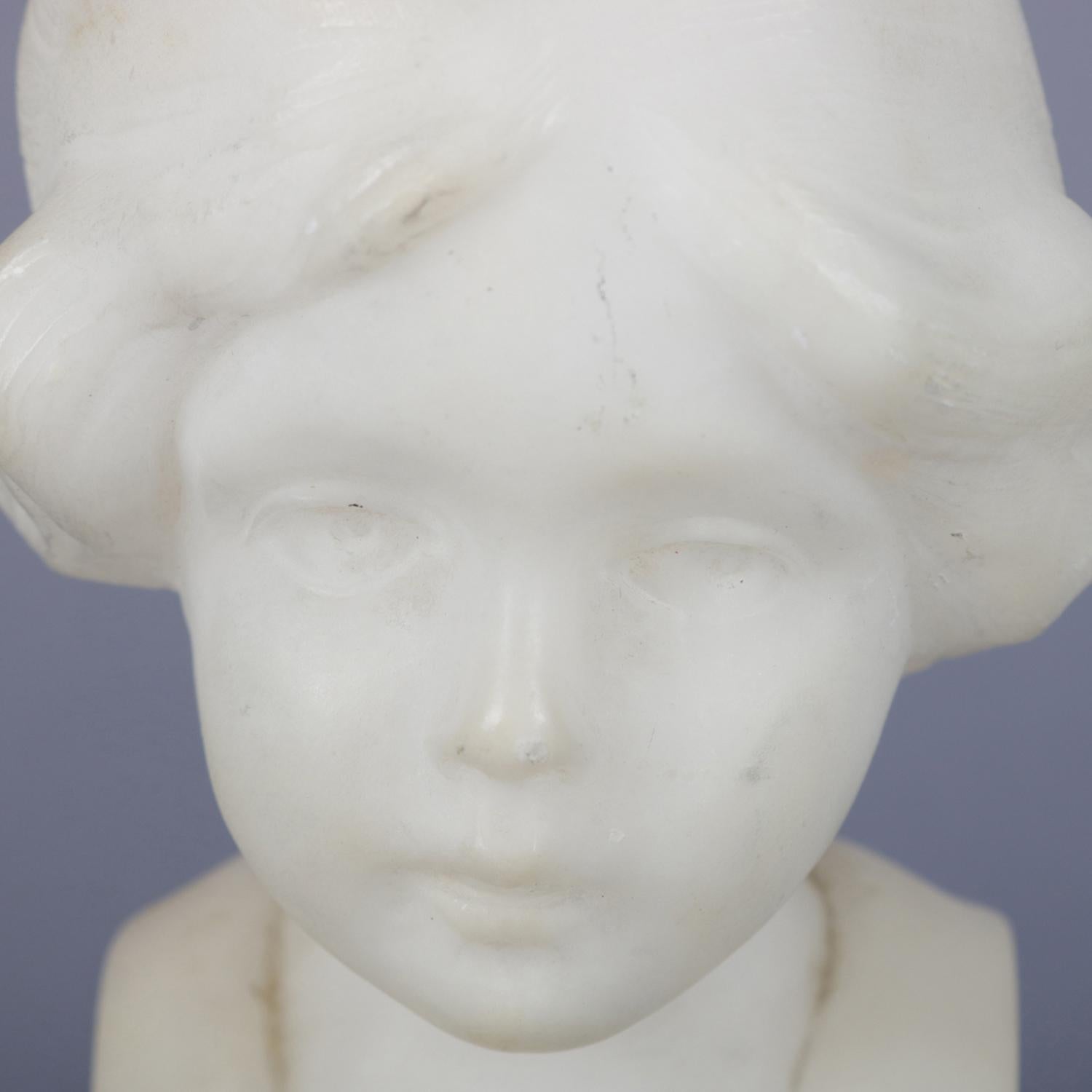 Italian Hand-Carved Alabaster Portrait Bust Sculpture of Girl, Signed Greiwer