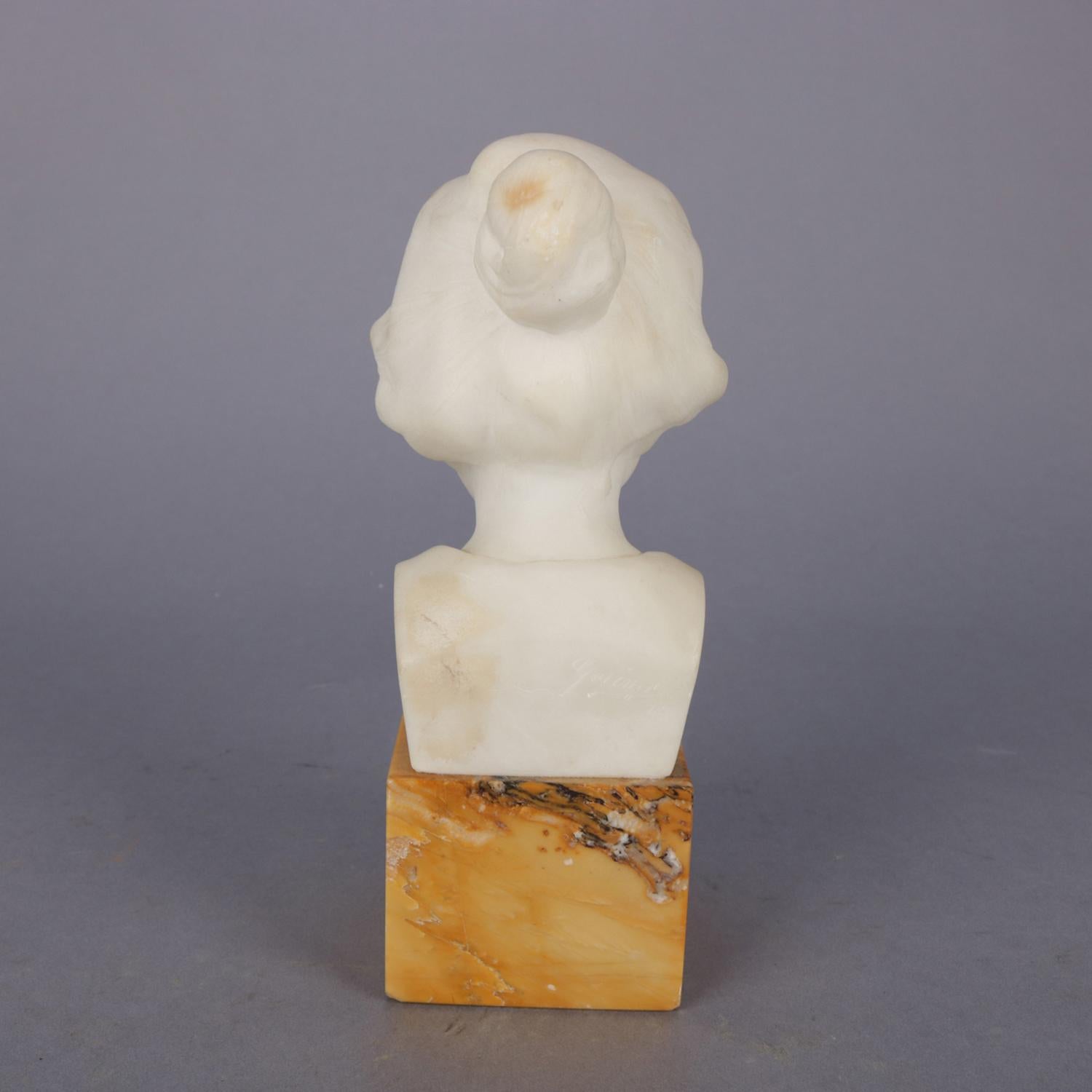 20th Century Hand-Carved Alabaster Portrait Bust Sculpture of Girl, Signed Greiwer
