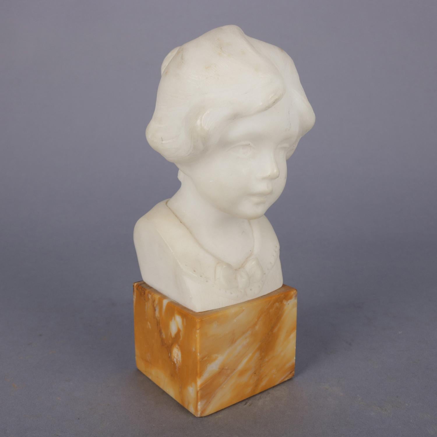 Hand-Carved Alabaster Portrait Bust Sculpture of Girl, Signed Greiwer 1