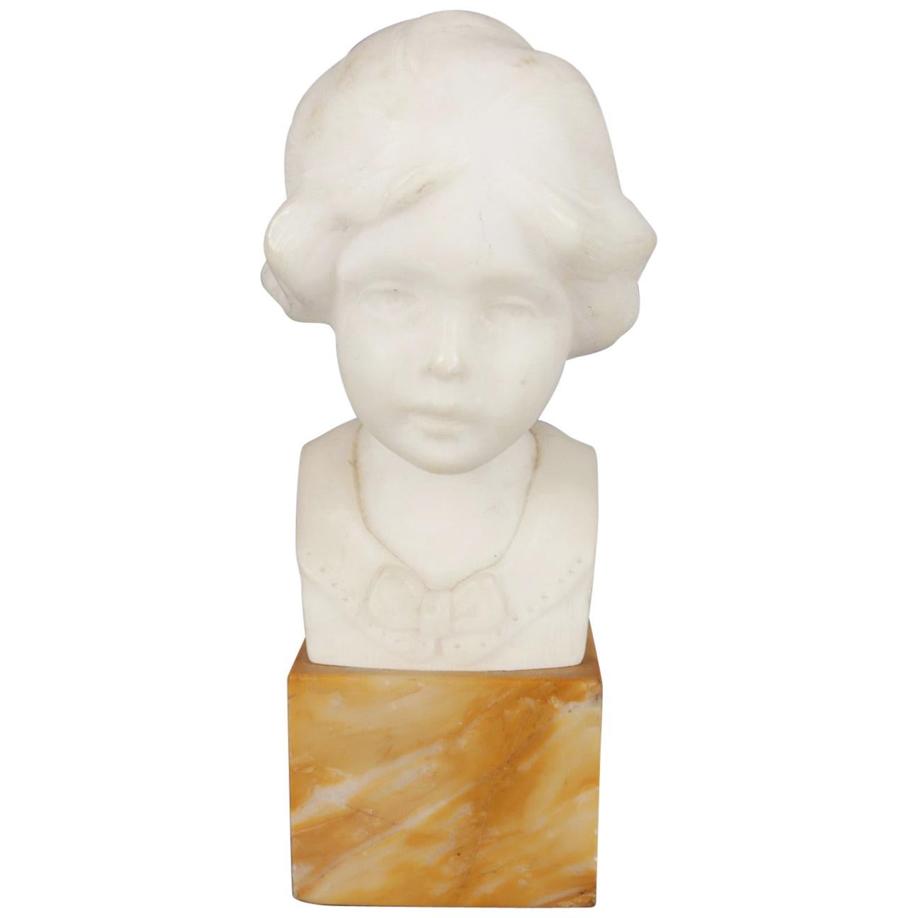 Hand-Carved Alabaster Portrait Bust Sculpture of Girl, Signed Greiwer