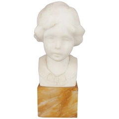 Vintage Hand-Carved Alabaster Portrait Bust Sculpture of Girl, Signed Greiwer