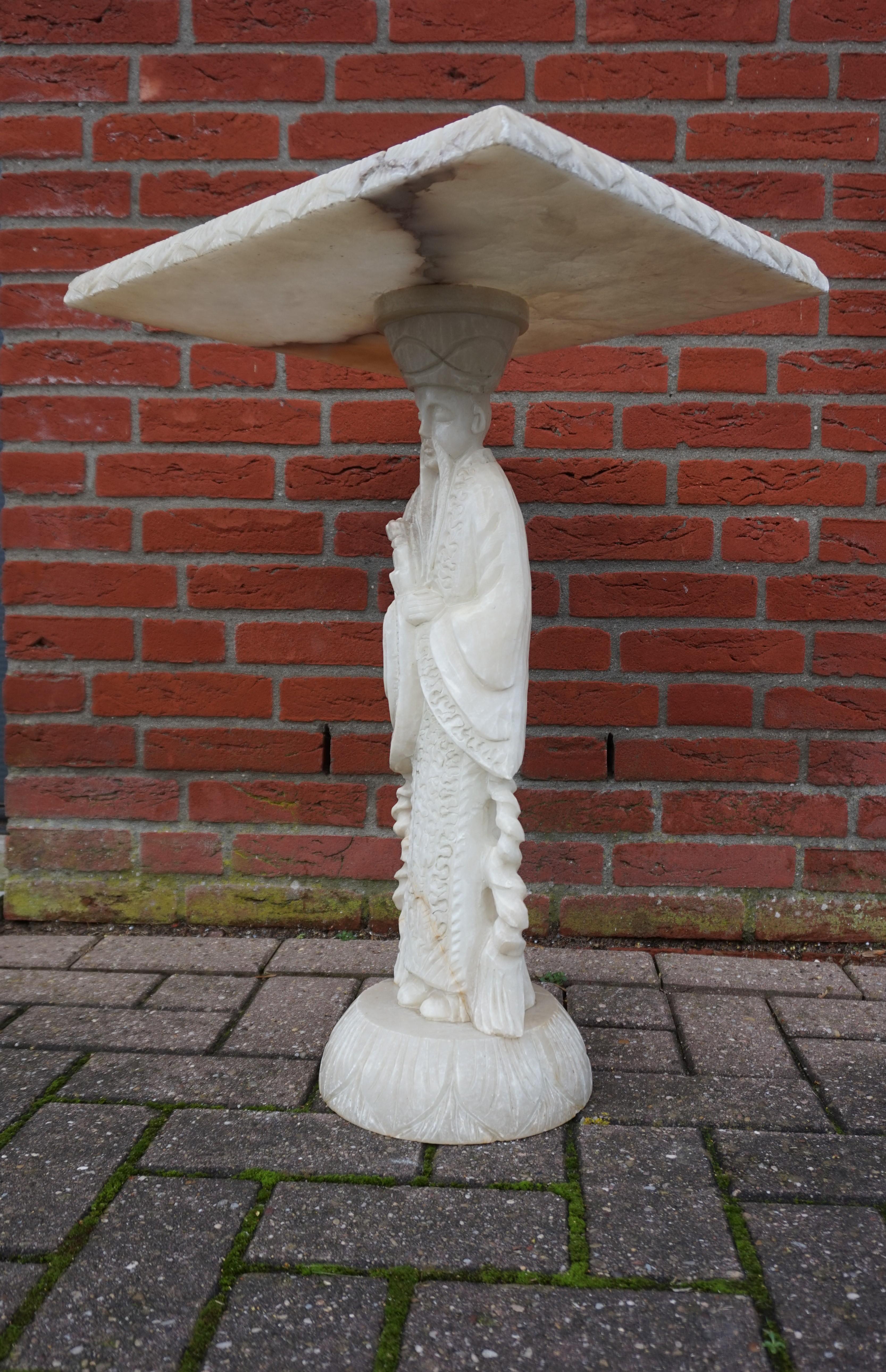 Hand Carved Alabaster Table on a Confucius / Asian Philosopher Sculpture Base For Sale 11