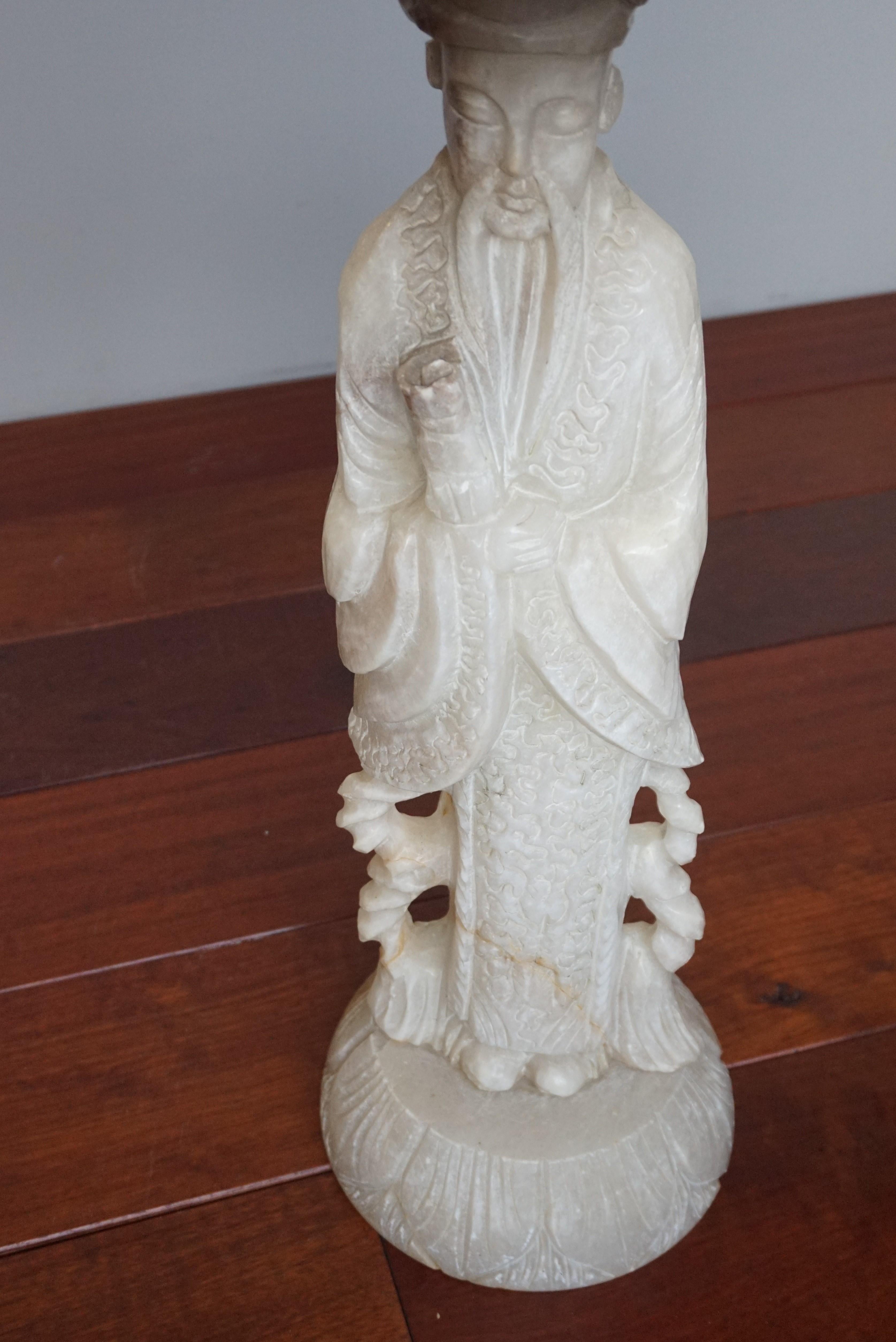 European Hand Carved Alabaster Table on a Confucius / Asian Philosopher Sculpture Base For Sale