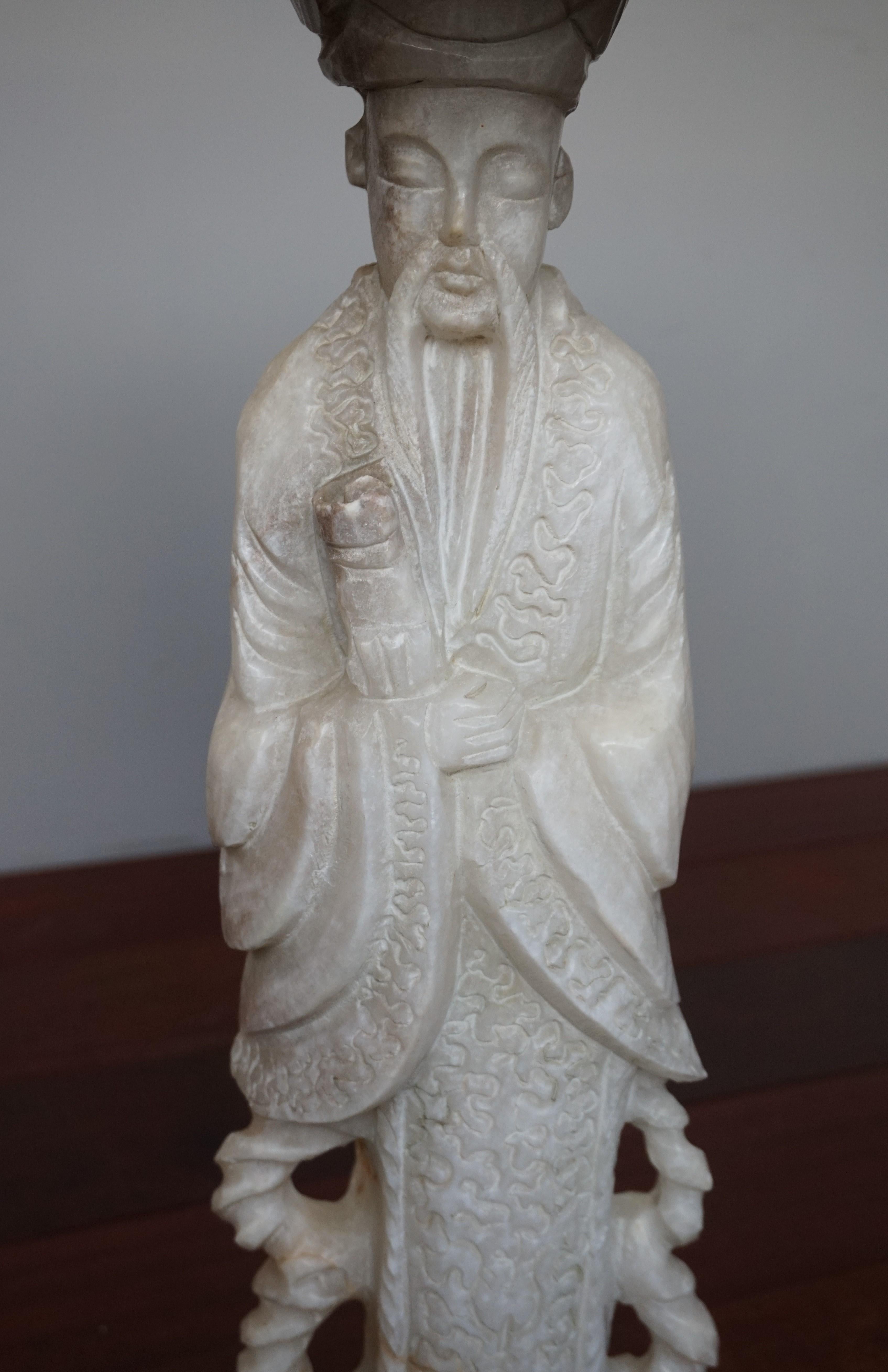 Hand-Carved Hand Carved Alabaster Table on a Confucius / Asian Philosopher Sculpture Base For Sale