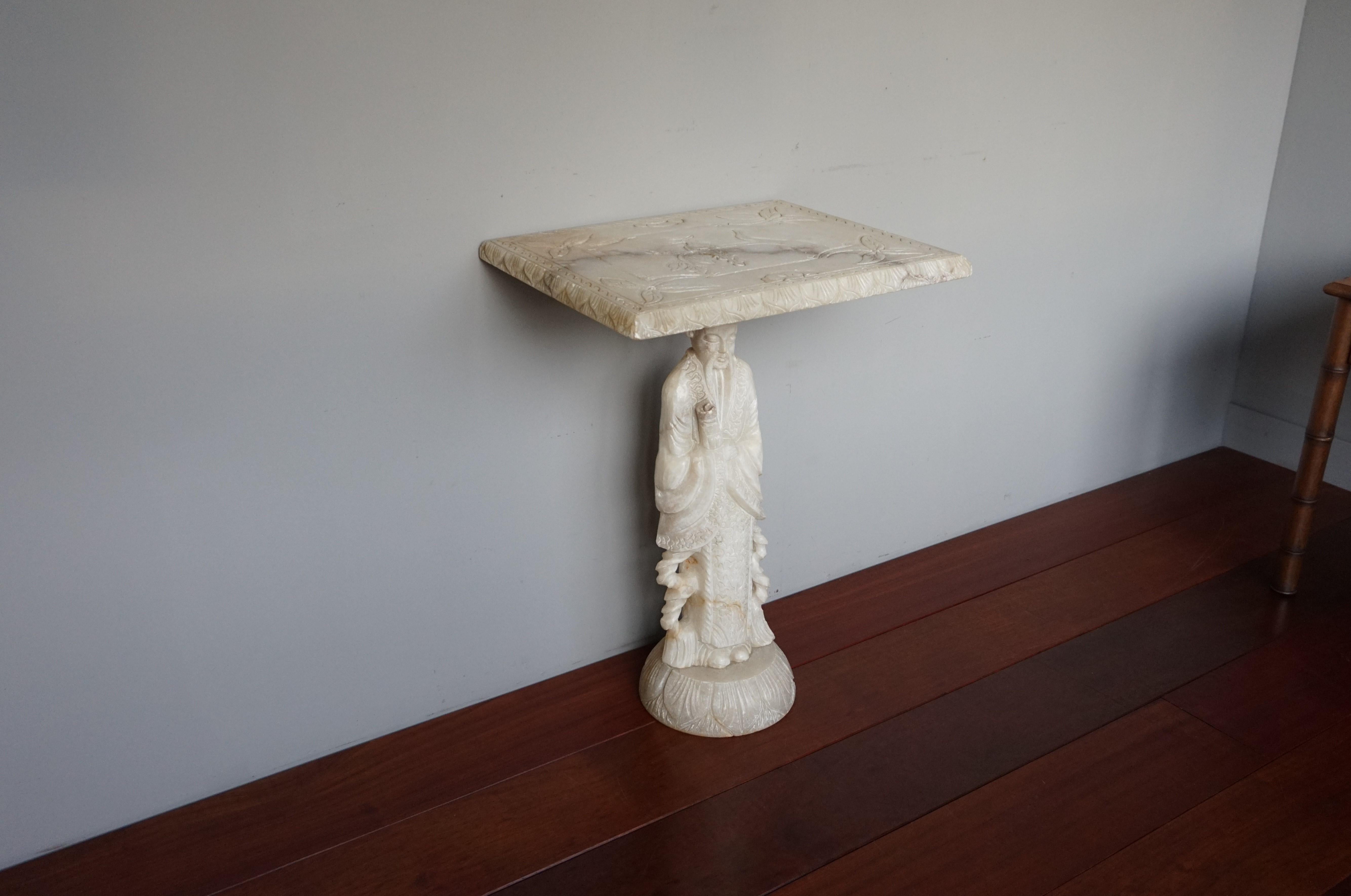 20th Century Hand Carved Alabaster Table on a Confucius / Asian Philosopher Sculpture Base For Sale