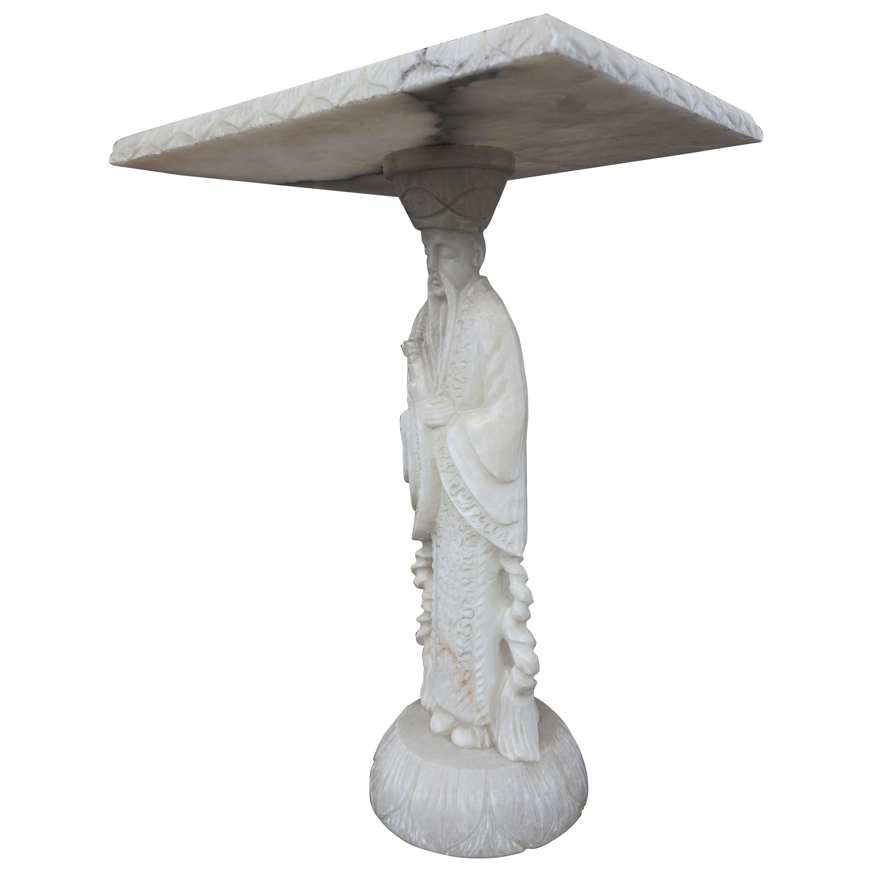 Hand Carved Alabaster Table on a Confucius / Asian Philosopher Sculpture Base For Sale