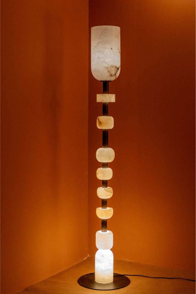 Contemporary Hand-Carved Alabaster Totem Floor Lamp, Ambient Lighting For Sale