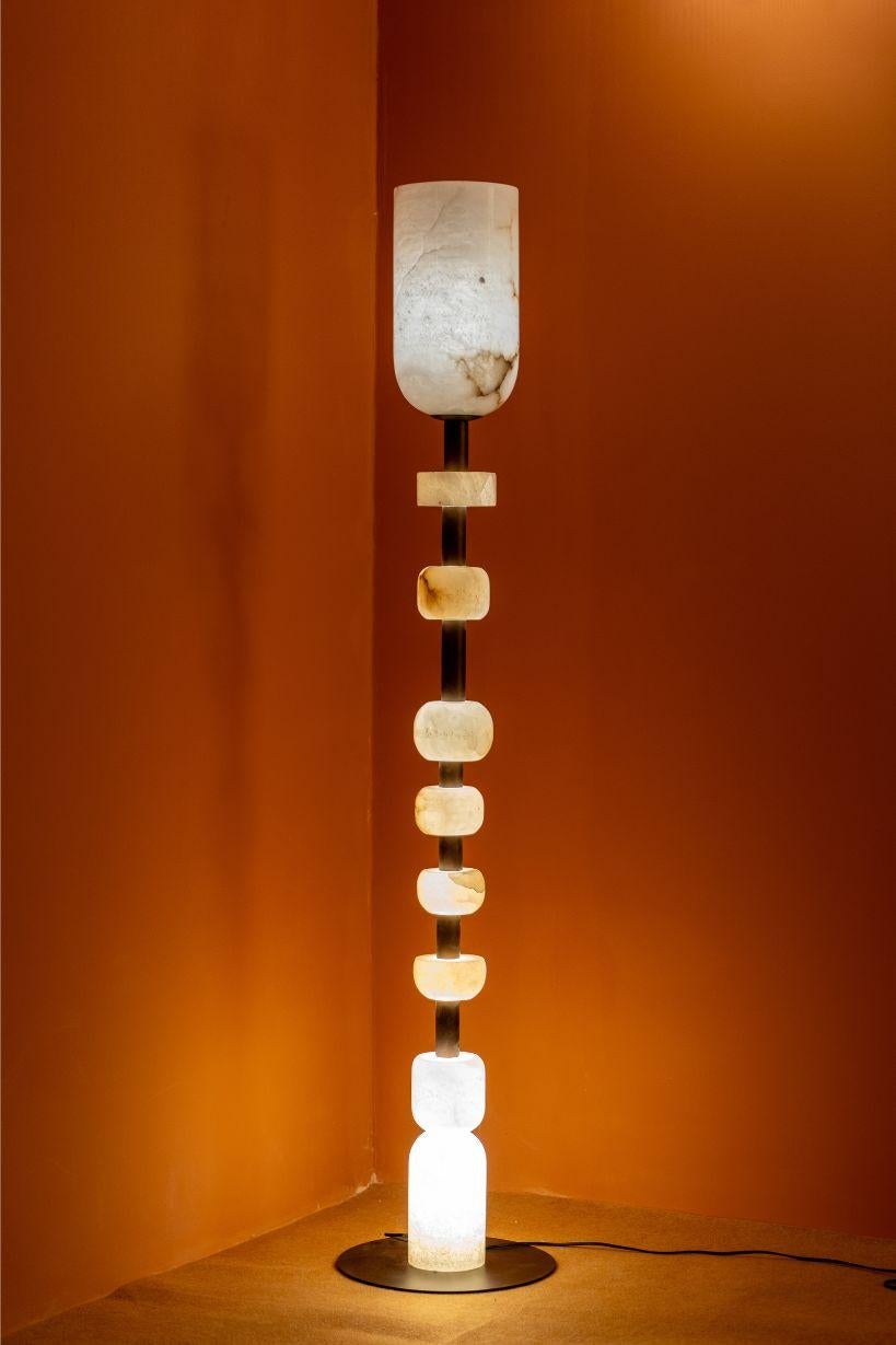 Stainless Steel Hand-Carved Alabaster Totem Floor Lamp, Ambient Lighting For Sale