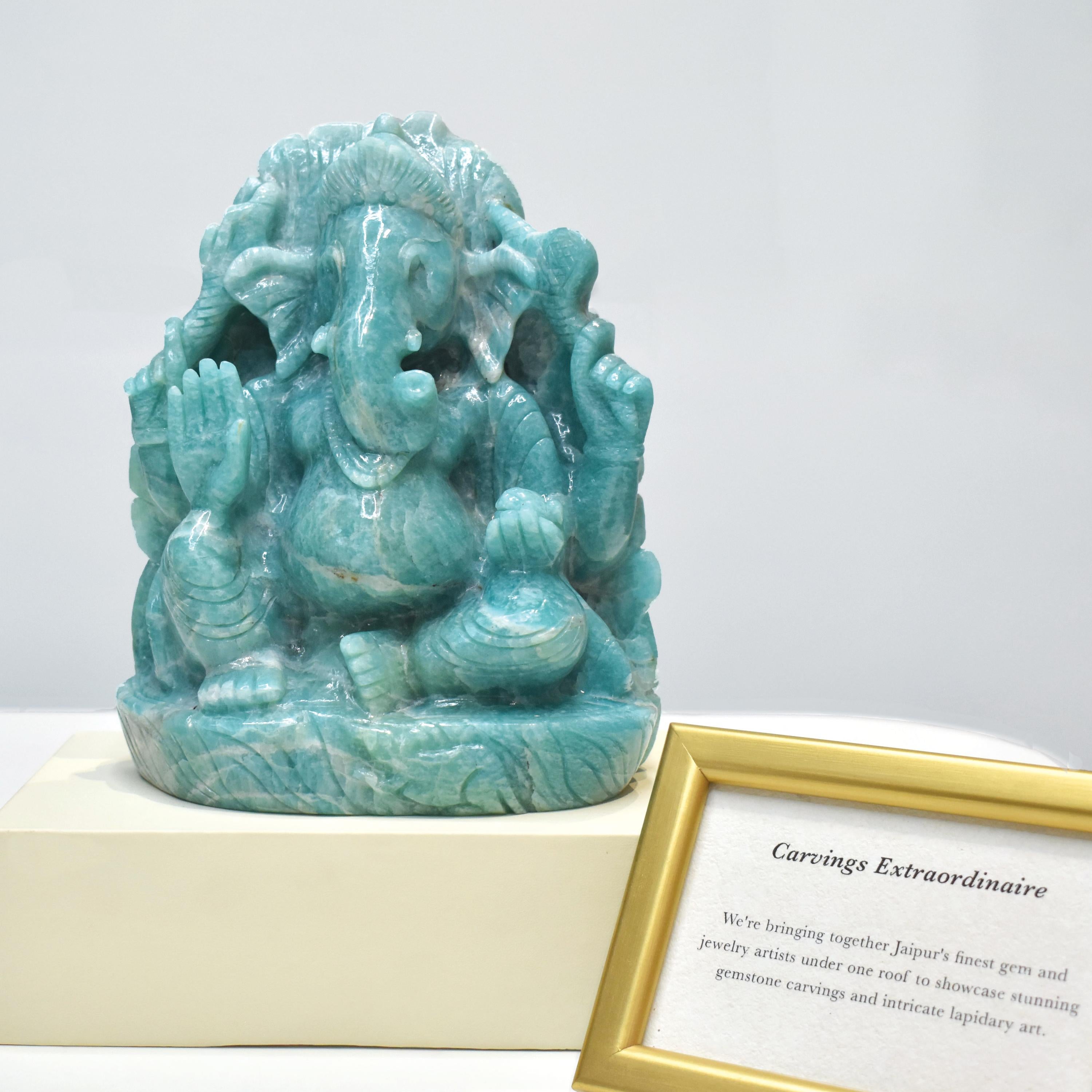 Hand-Carved Amazonite Ganesha Idol Statue Spiritual Hindu Sculpture For Sale 4