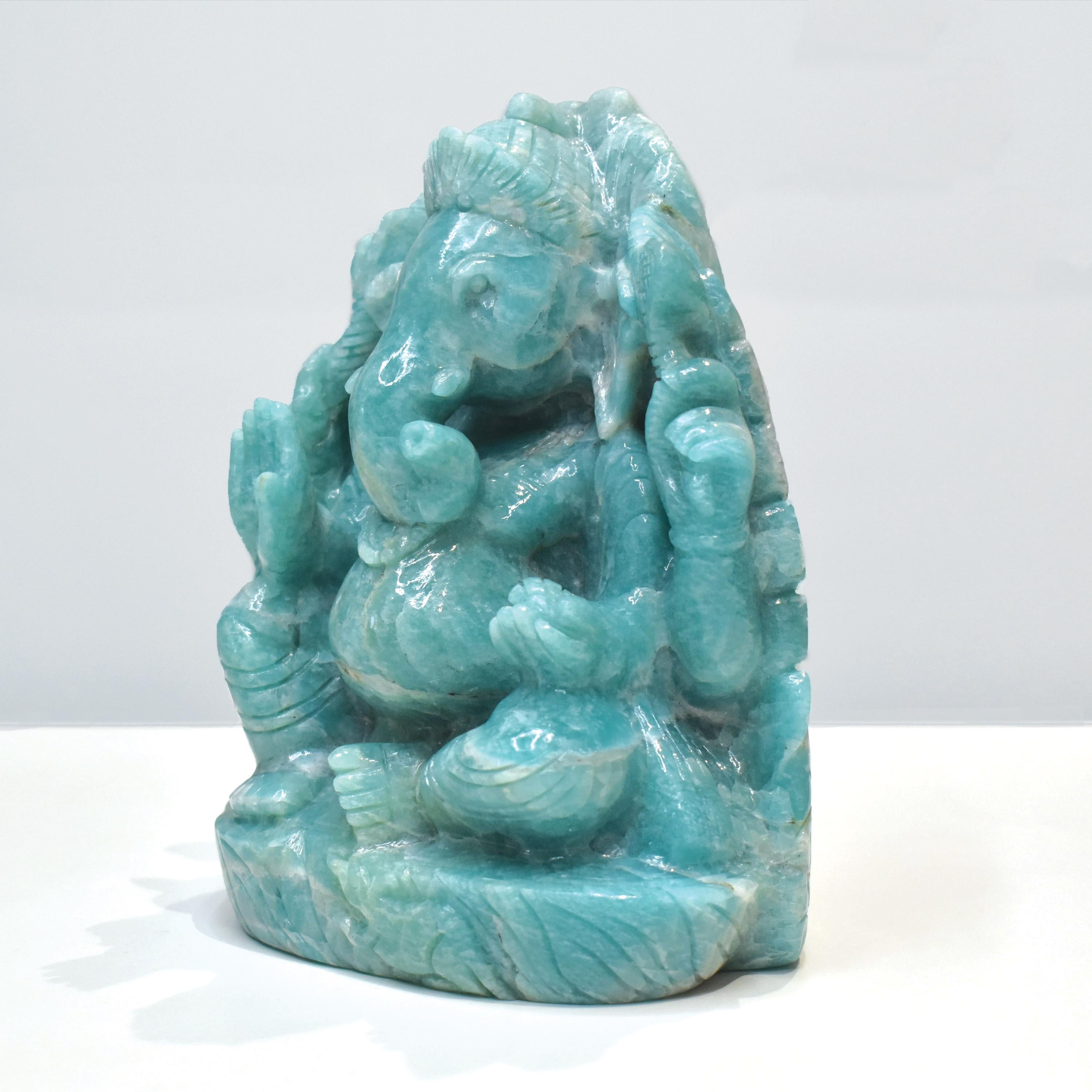 Mixed Cut Hand-Carved Amazonite Ganesha Idol Statue Spiritual Hindu Sculpture For Sale