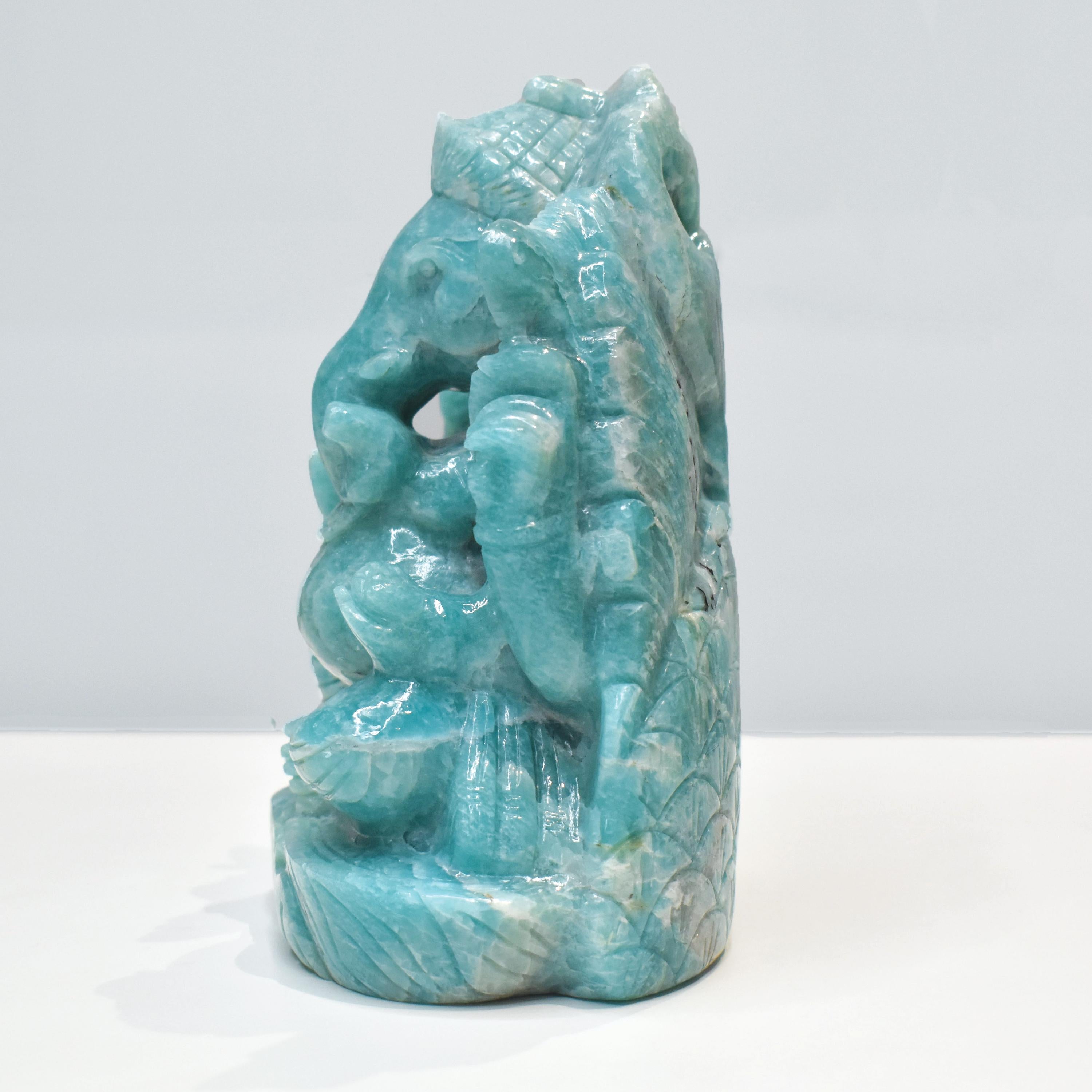 Hand-Carved Amazonite Ganesha Idol Statue Spiritual Hindu Sculpture In New Condition For Sale In Jaipur, Rajasthan