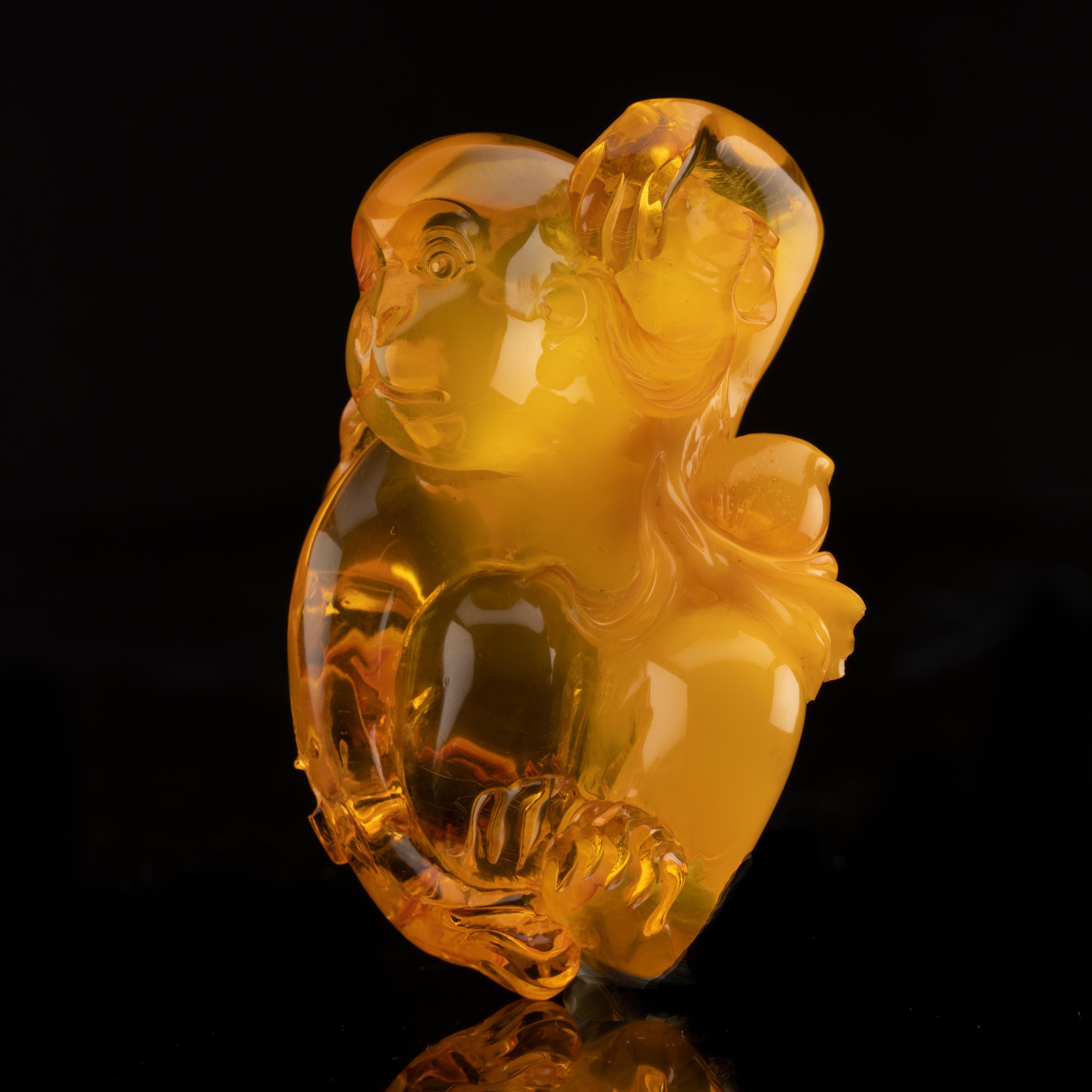 Hand-Carved Amber Monkey In New Condition For Sale In New York, NY