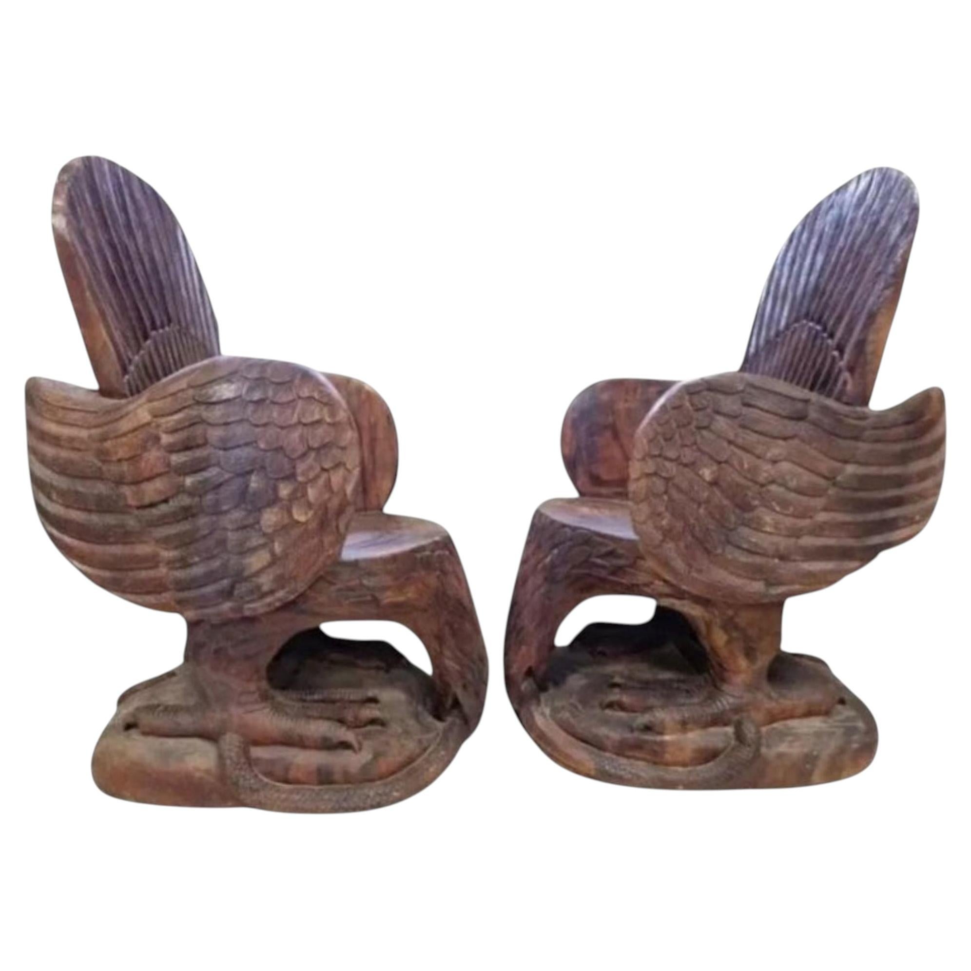 Hand-Carved American Eagle Armchairs, Solid Wood, Rustic Style, 1960 For Sale