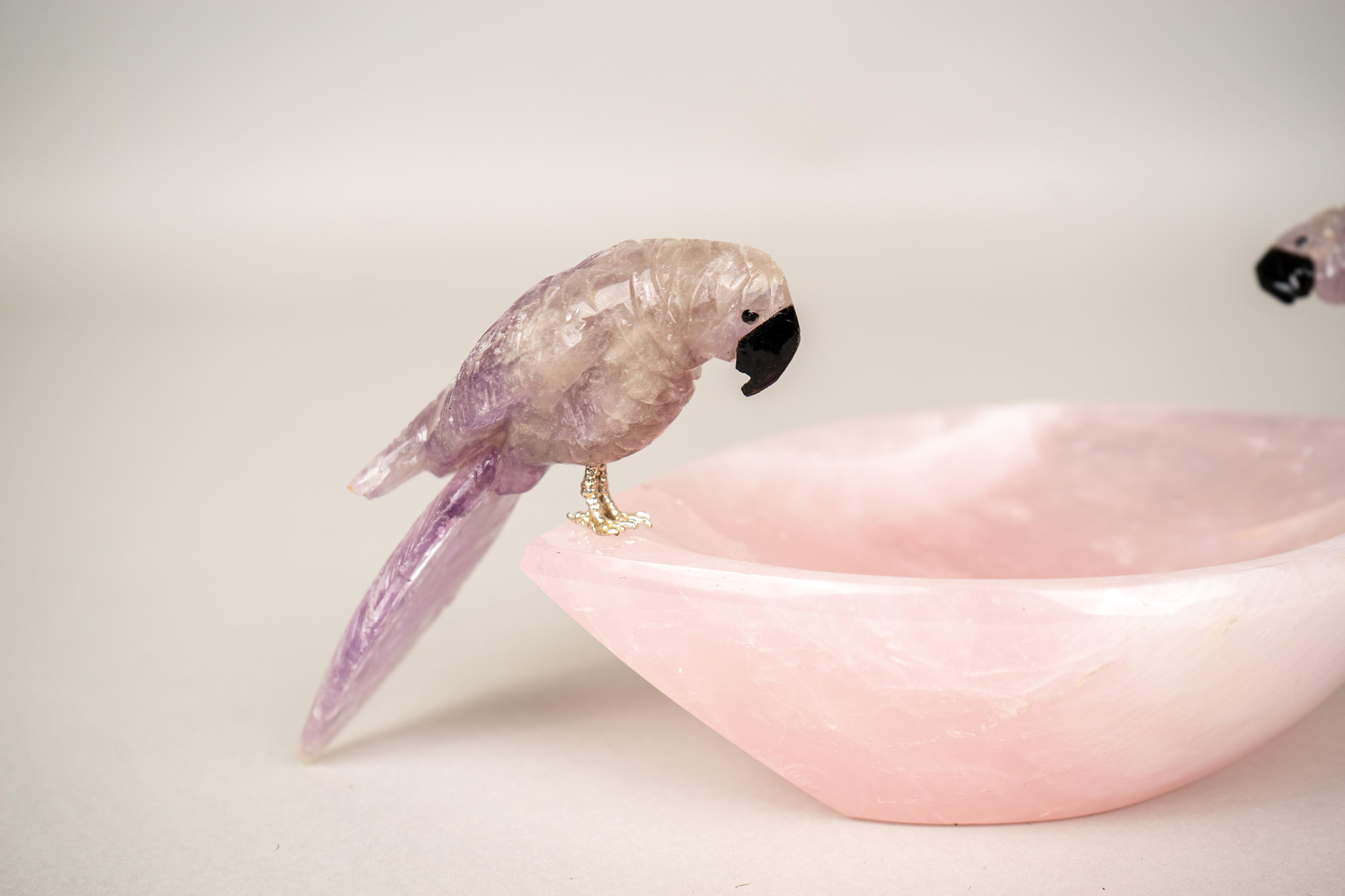 Hand-Carved Amethyst Crystal Parrots on Rose Quartz Bowl For Sale 5