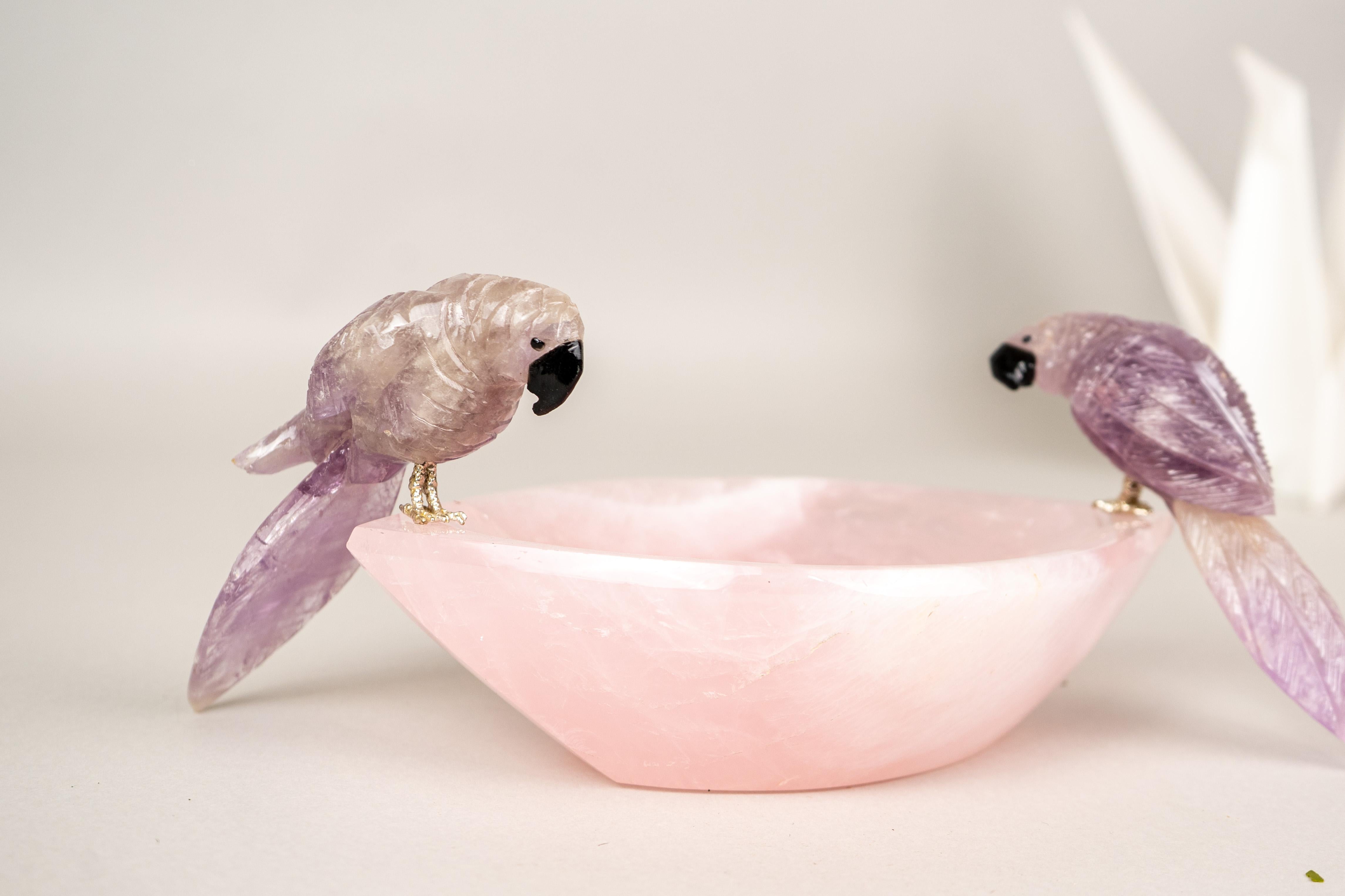 Hand-Carved Amethyst Crystal Parrots on Rose Quartz Bowl For Sale 6