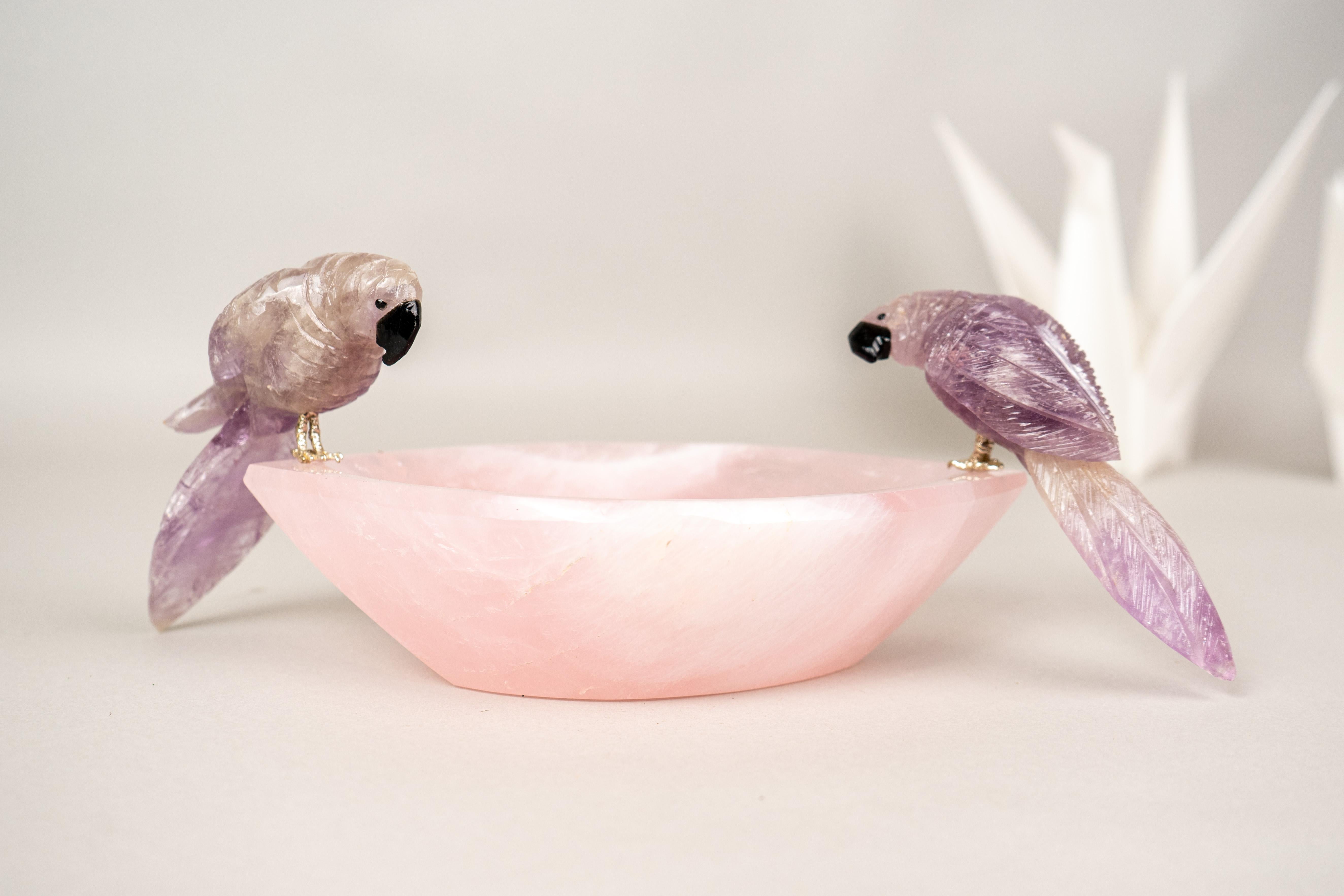 Brazilian Hand-Carved Amethyst Crystal Parrots on Rose Quartz Bowl For Sale