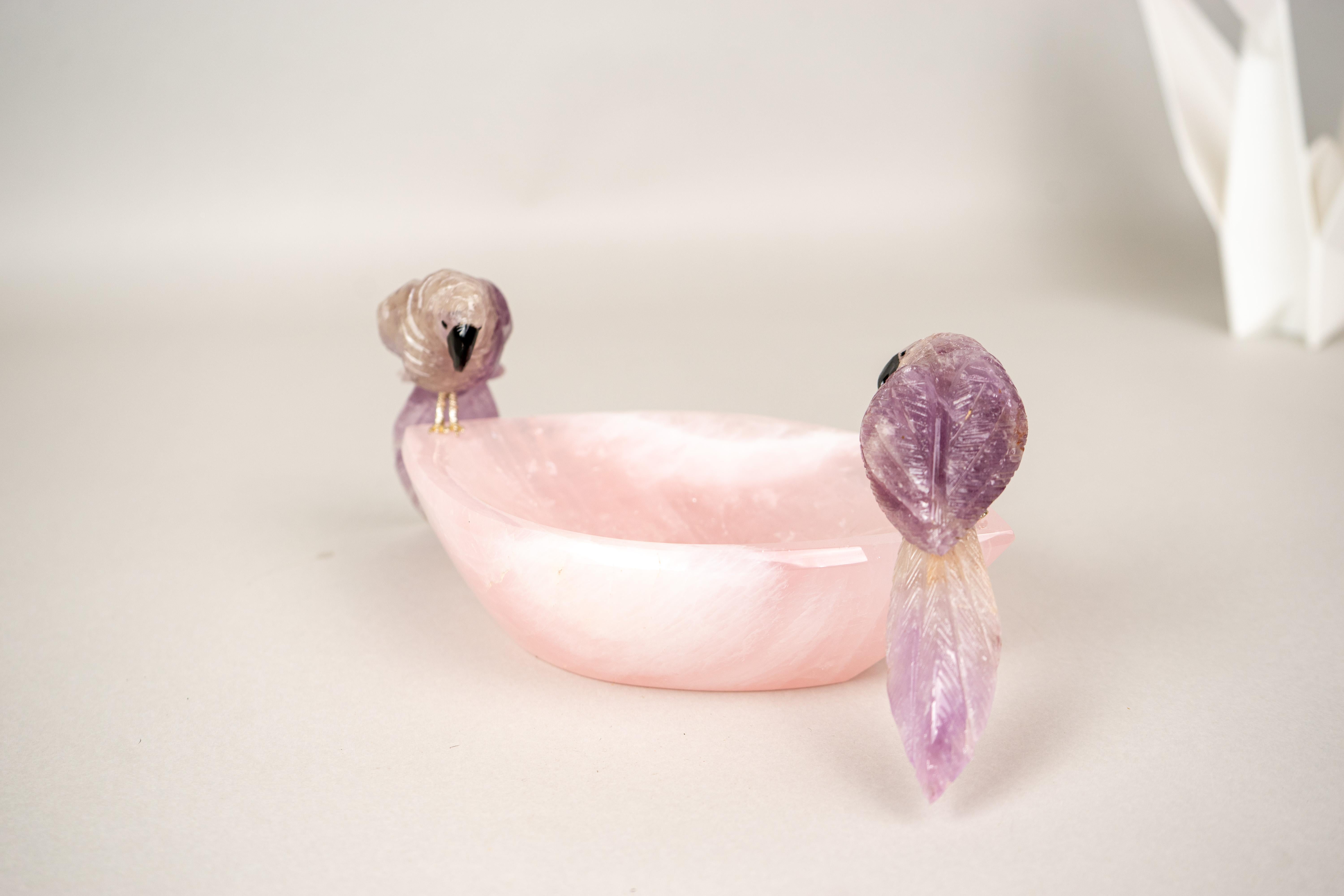 Contemporary Hand-Carved Amethyst Crystal Parrots on Rose Quartz Bowl For Sale