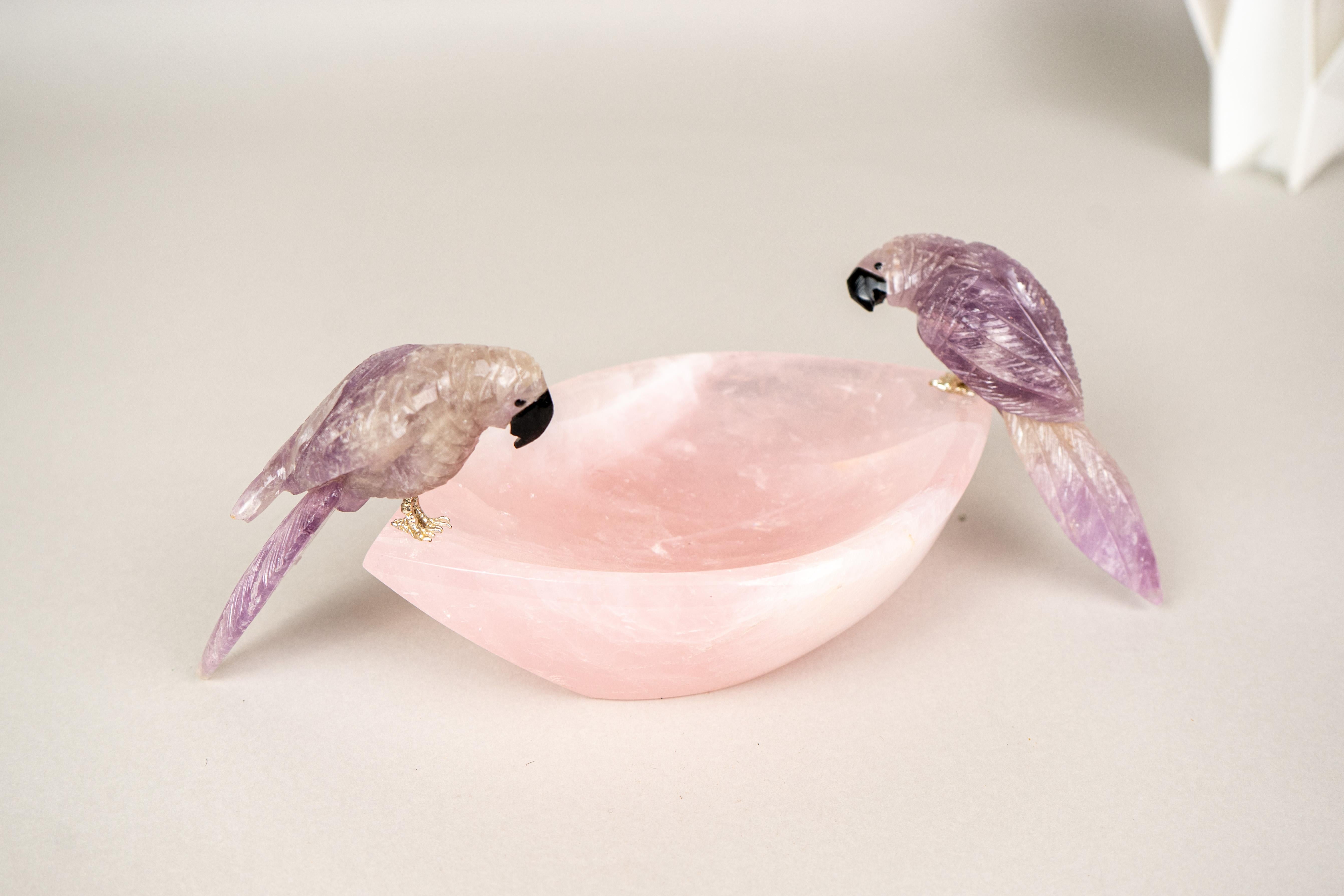 Hand-Carved Amethyst Crystal Parrots on Rose Quartz Bowl For Sale 2