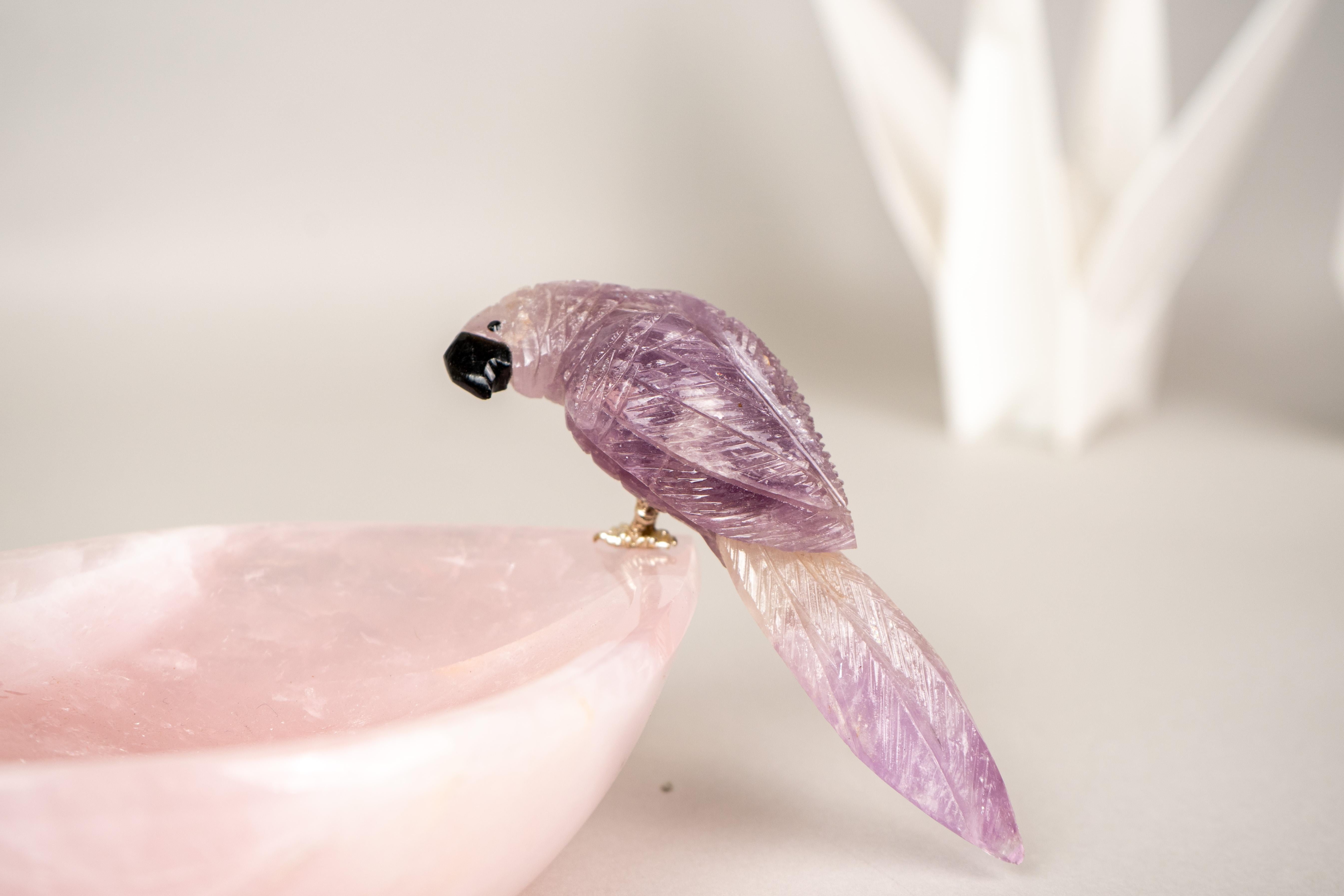 Hand-Carved Amethyst Crystal Parrots on Rose Quartz Bowl For Sale 4