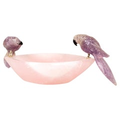 Hand-Carved Amethyst Crystal Parrots on Rose Quartz Bowl