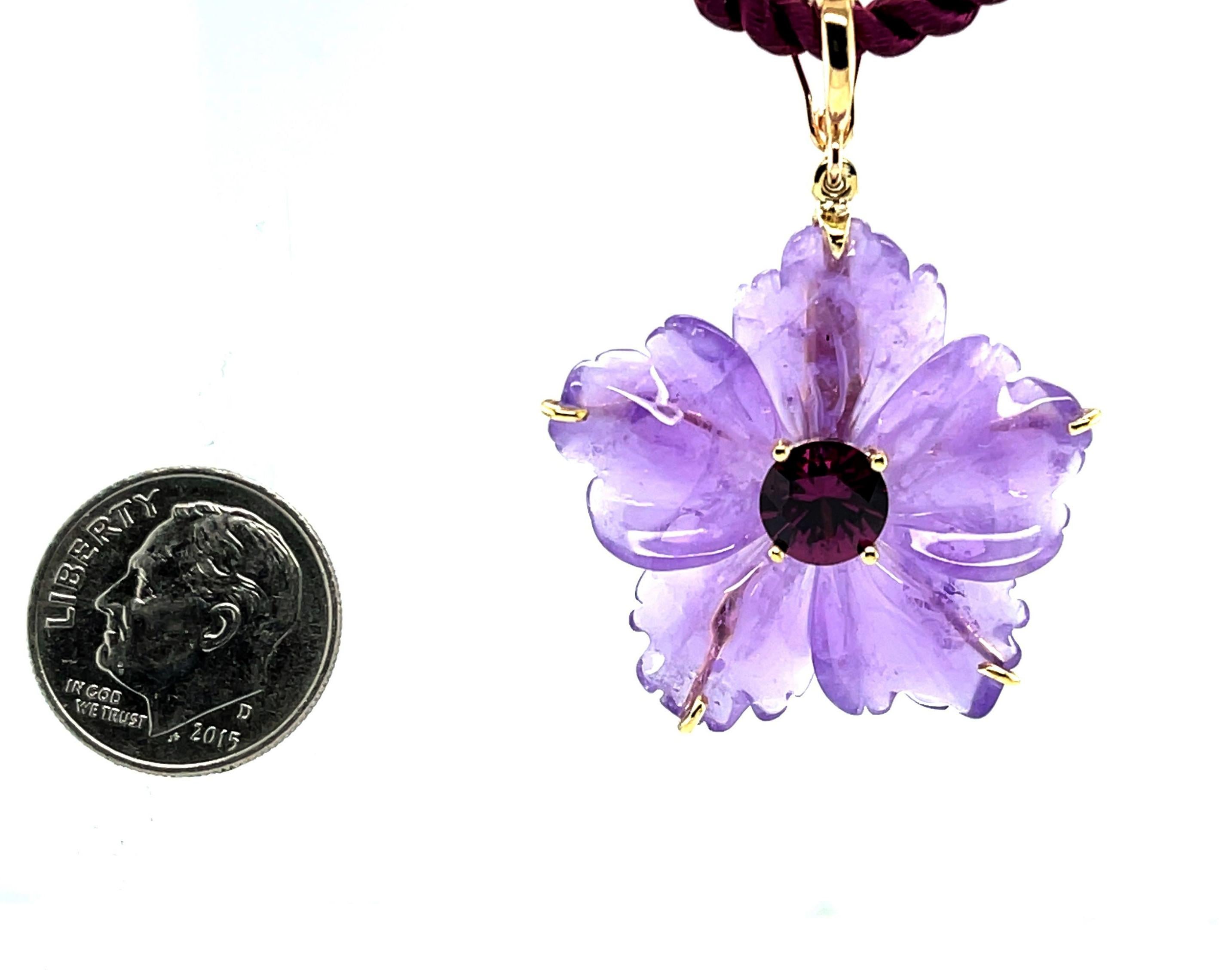 Hand Carved Amethyst Flower and Mulberry Garnet Pendant   For Sale 3