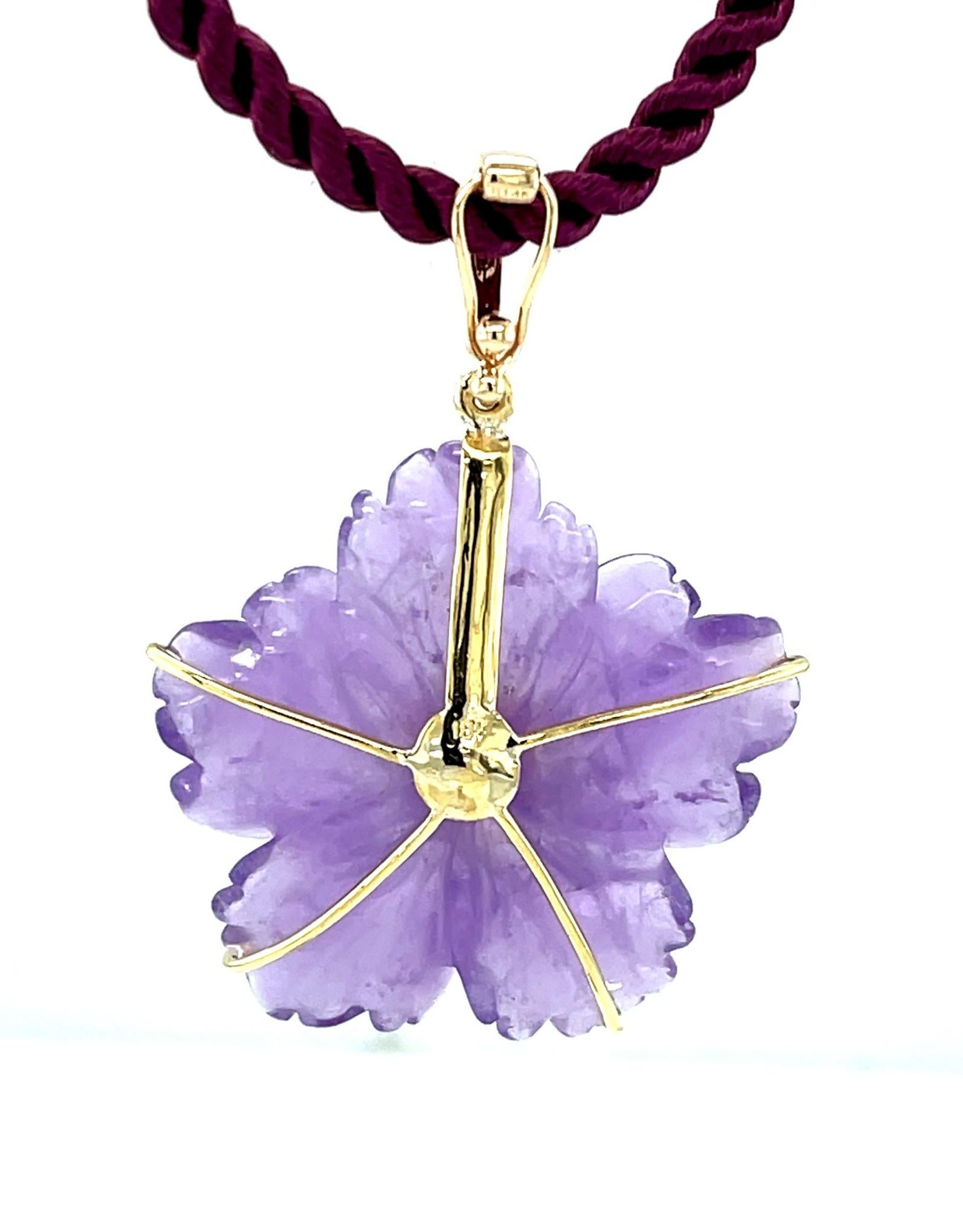 Artisan Hand Carved Amethyst Flower and Mulberry Garnet Pendant   For Sale
