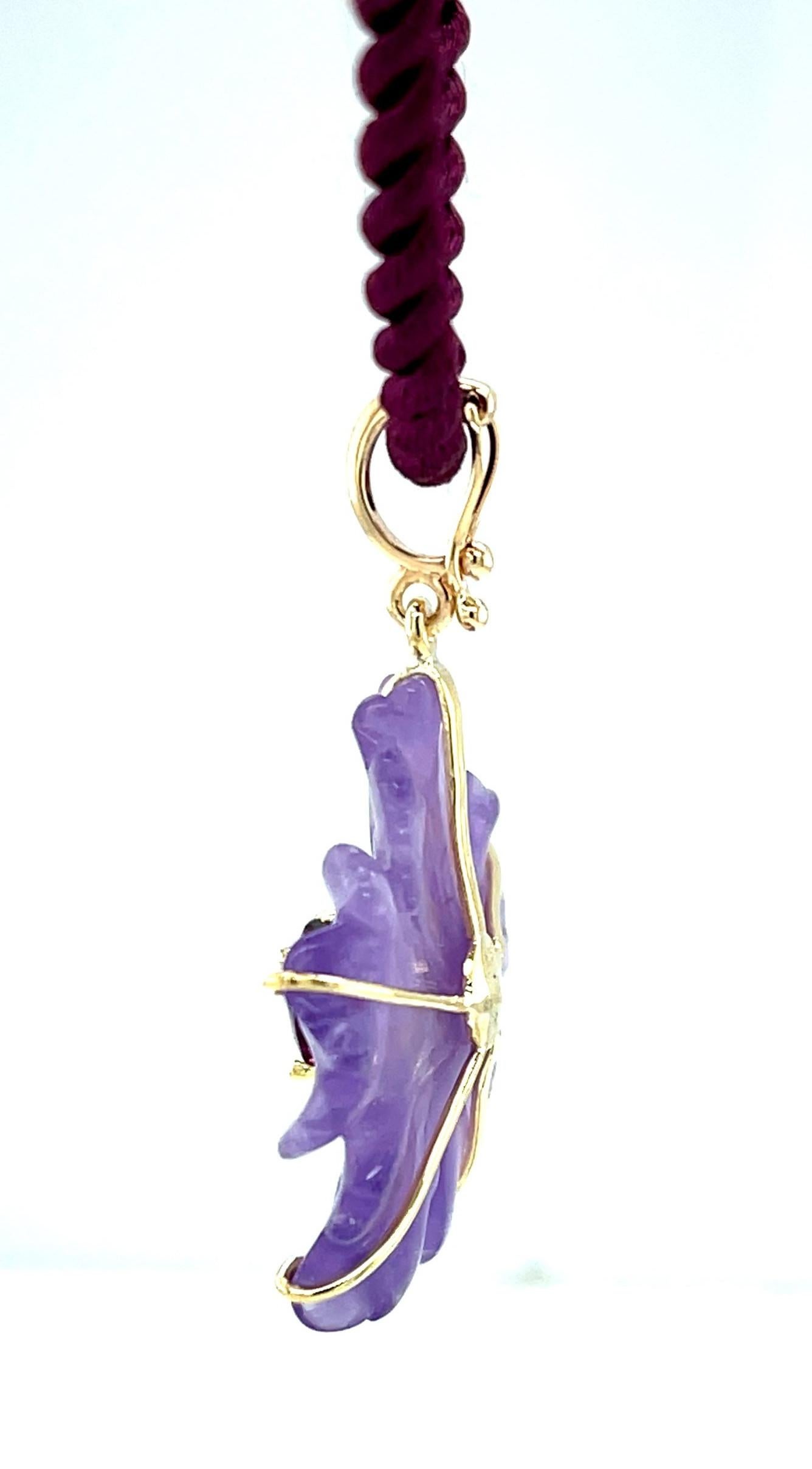 Mixed Cut Hand Carved Amethyst Flower and Mulberry Garnet Pendant   For Sale