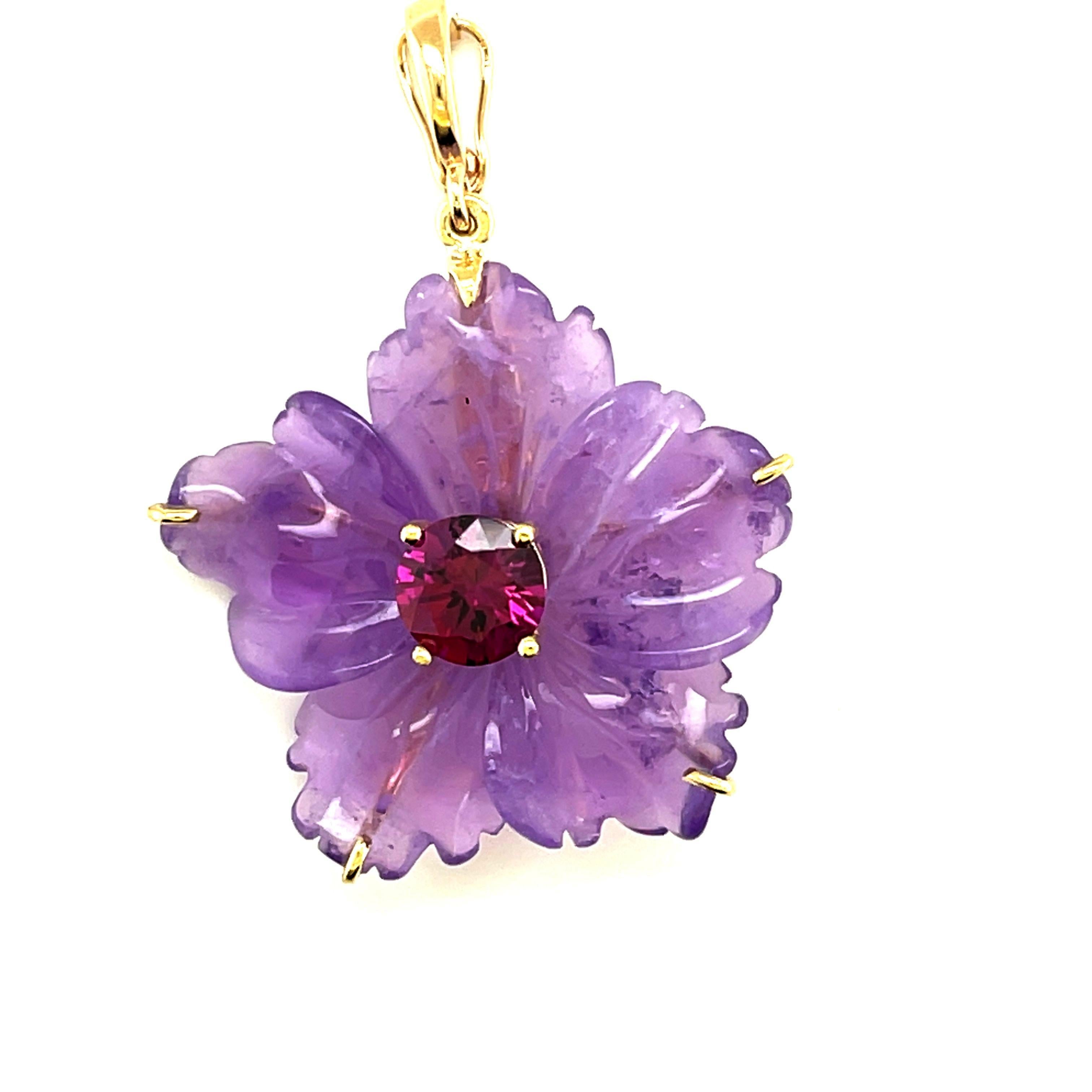 Women's or Men's Hand Carved Amethyst Flower and Mulberry Garnet Pendant   For Sale