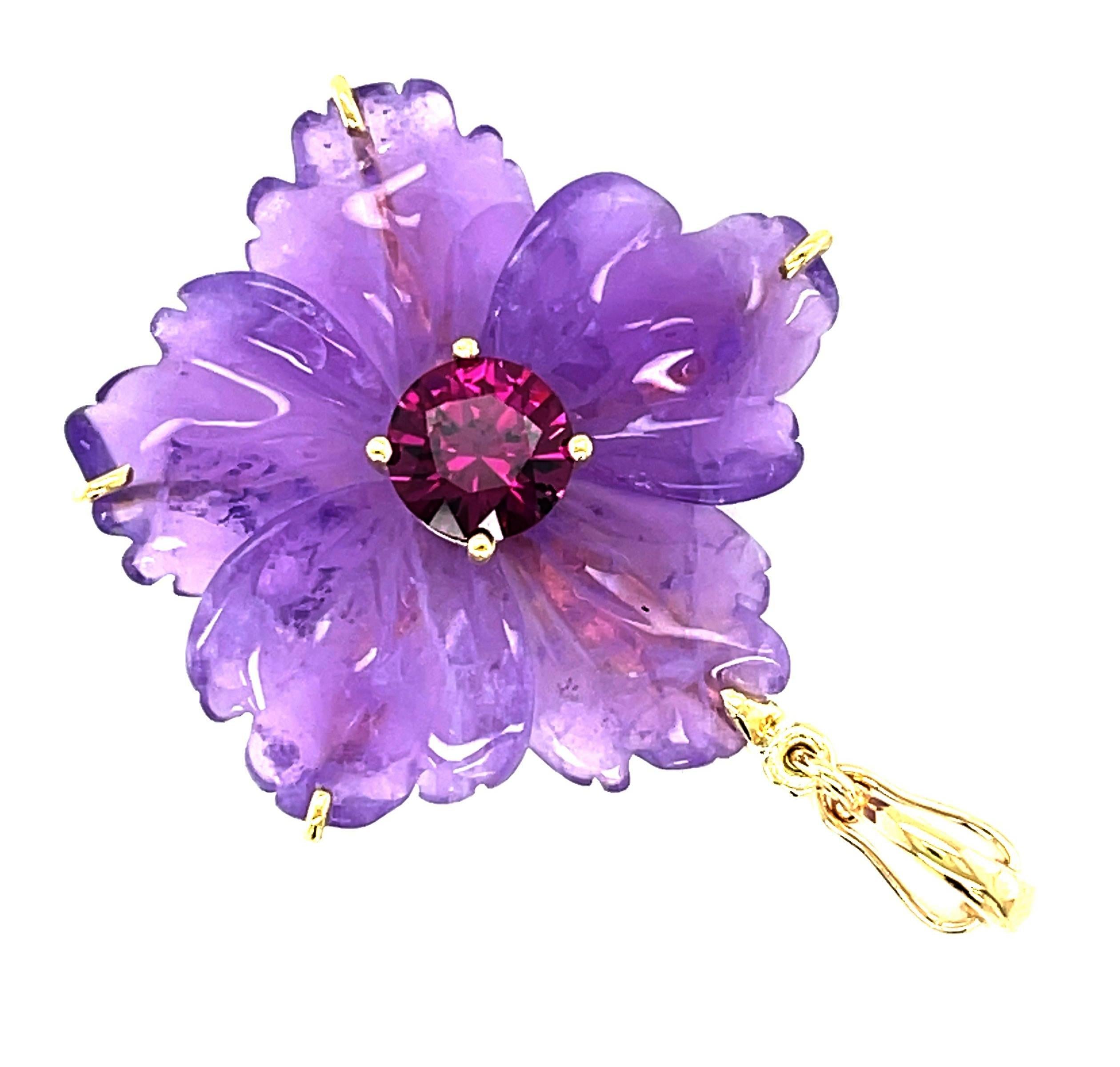 Hand Carved Amethyst Flower and Mulberry Garnet Pendant   For Sale 1