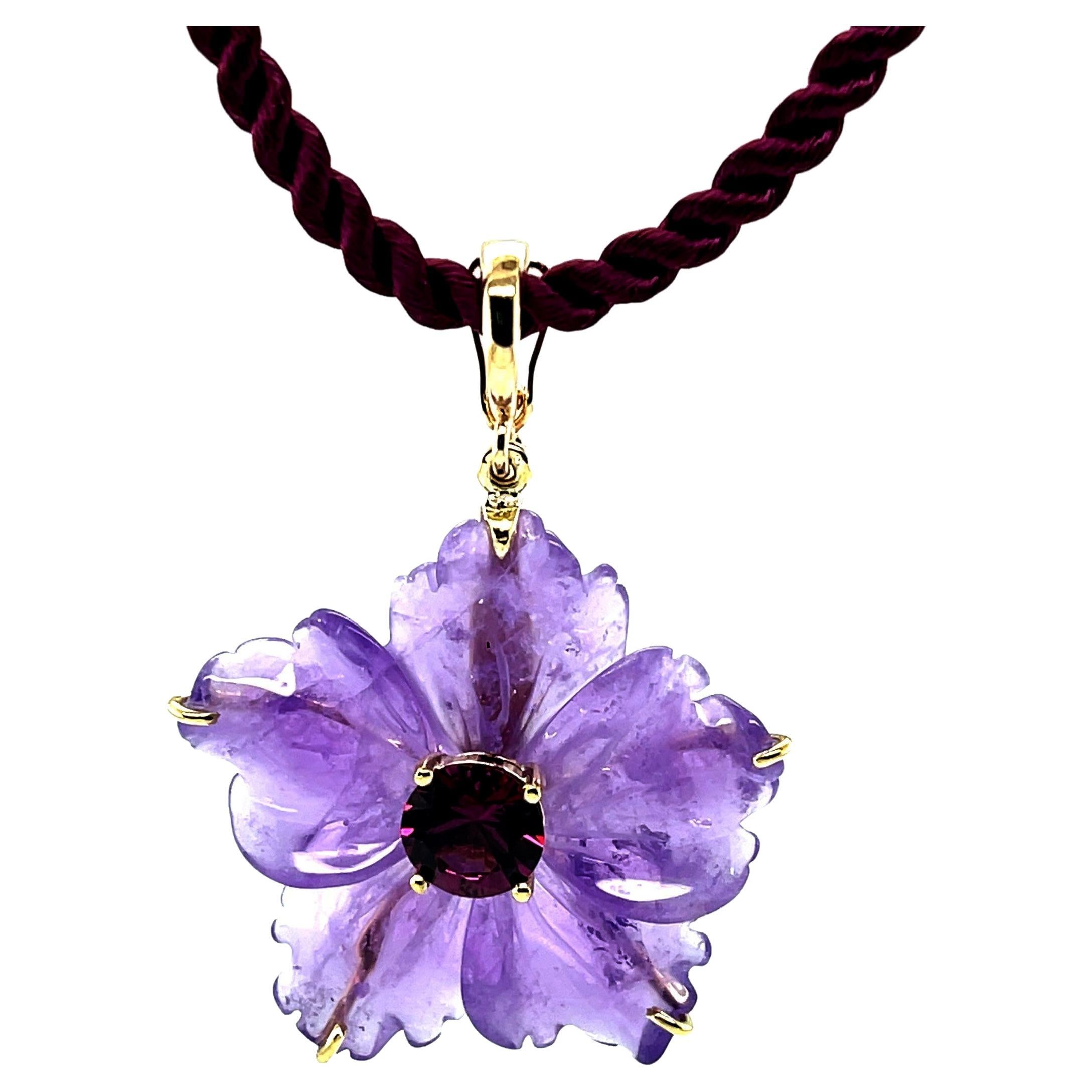 Hand Carved Amethyst Flower and Mulberry Garnet Pendant  